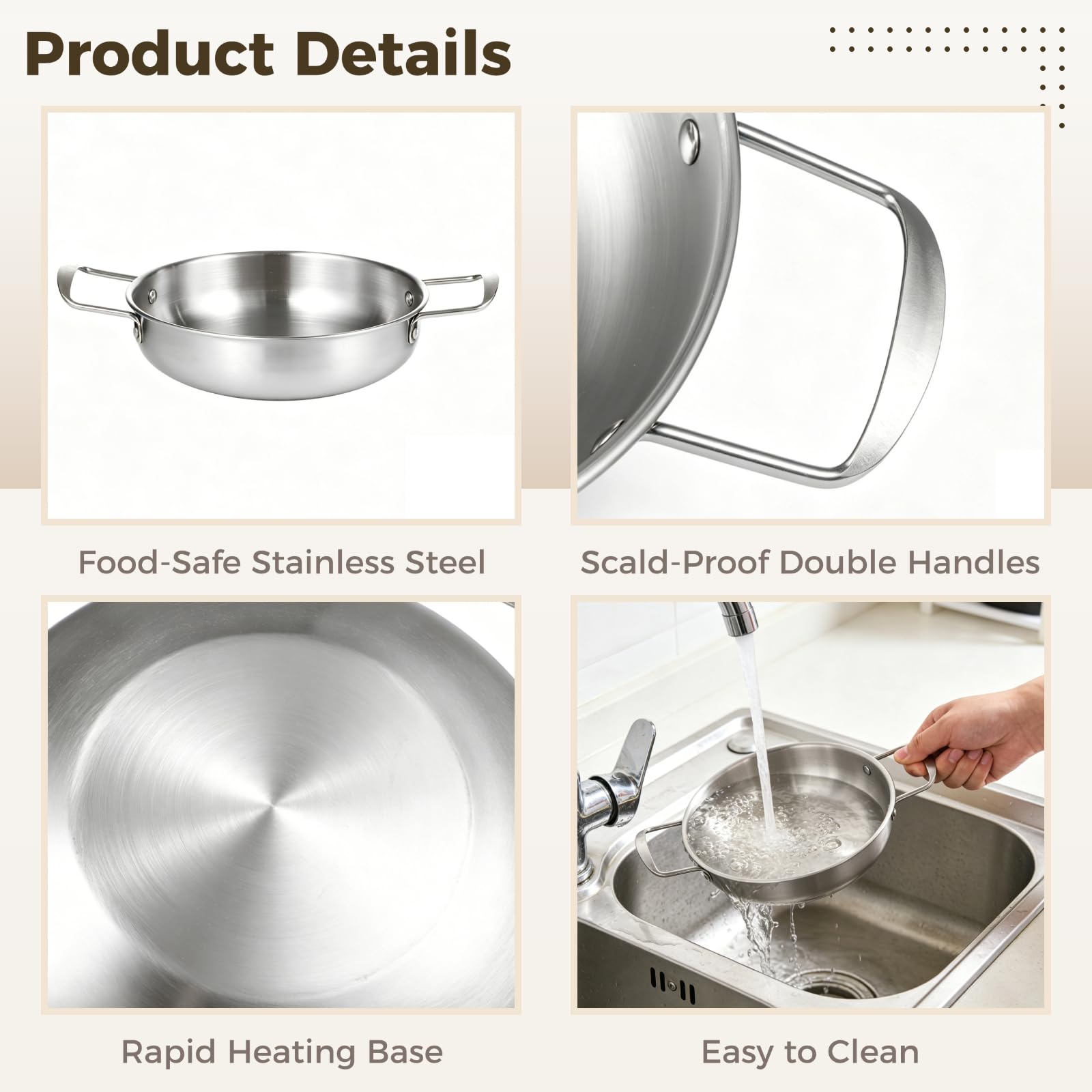 4 Stk Koreanische Ramen Töpfe Set, Nudeltopf aus Edelstahl mit Doppelgriff, flacher Boden, 21,3 bis 27,2 cm Durchmesser, für Nudeln, Pasta, Suppe und koreanisches Kochen