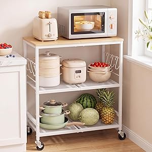 Rolling Kitchen Microwave Cart, 3-Tier Cart with Lockable Casters, 6 S Hooks for Towels, Rolling Kitchen Storage Rack, Space Saving Stand for Small Kitchen, Apartment, Coffee Bar