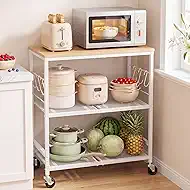 Rolling Kitchen Microwave Cart, 3-Tier Cart with Lockable Casters, 6 S Hooks for Towels, Rolling Kitchen Storage Rack, Space Saving Stand for Small Kitchen, Apartment, Coffee Bar