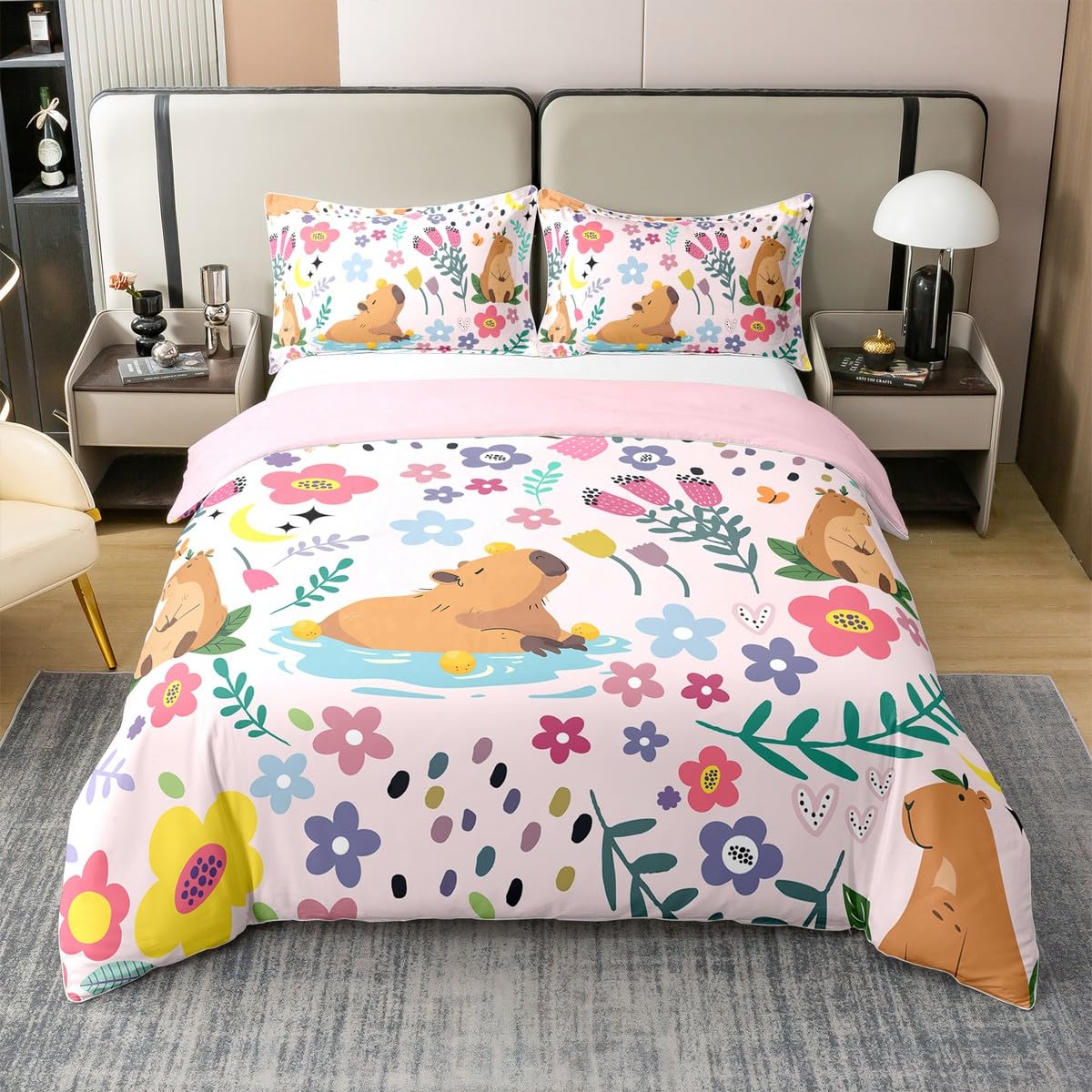 Erosebridal Capybara Twin 100% Cotton Duvet Cover for Girls,Cartoon Animal Bedding for Kids Child,Lovely Flower Moon Floral Comforter Cover,Groovy