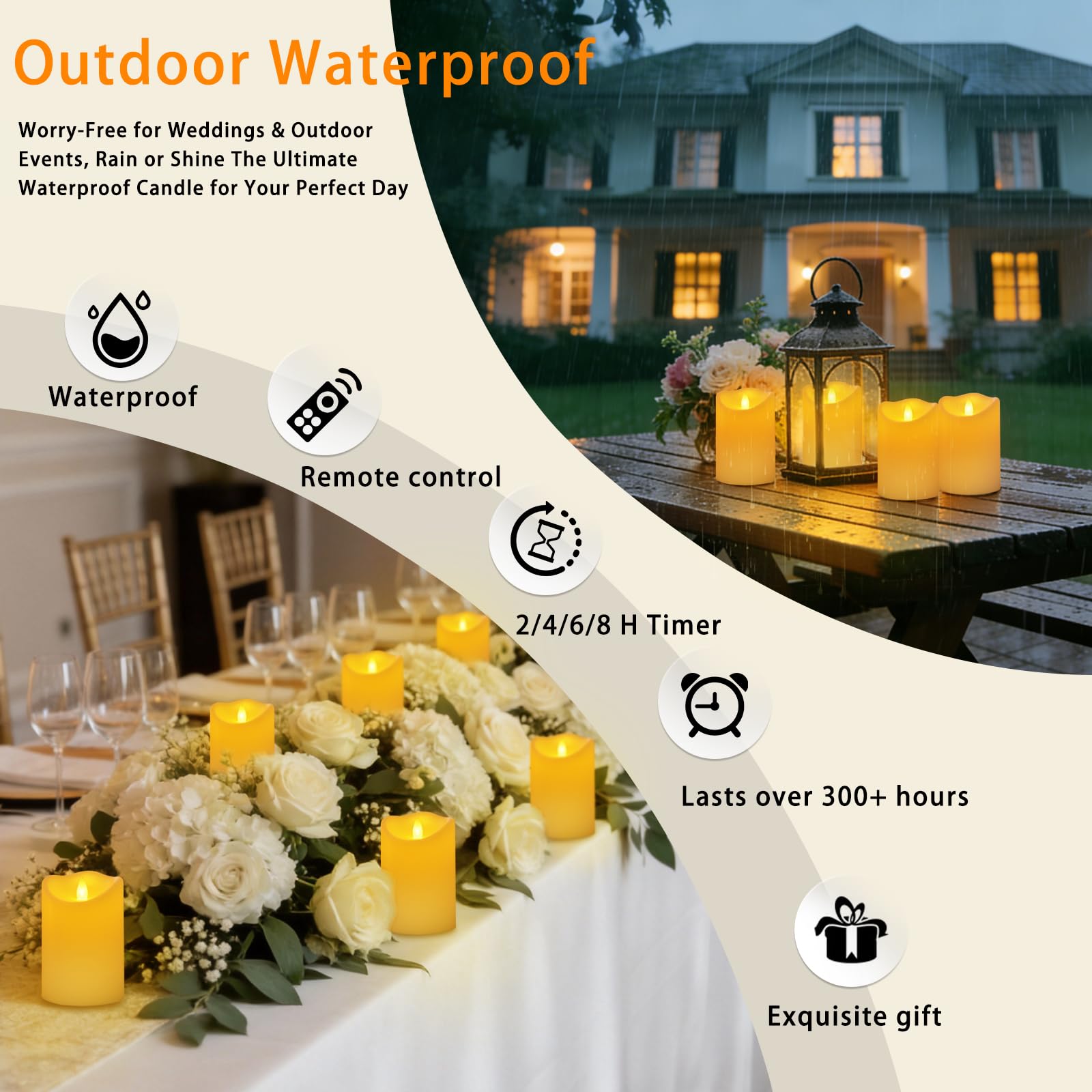 Haown Outdoor Indoor Flameless Candles, Patented 3D Dual-LED, Set of 6 Slanted Top Durable Plastic Pillars with 2 Remotes & Timer, Non-Melting Waterproof Battery Candles for Patio Garden (Ivory) — view 4