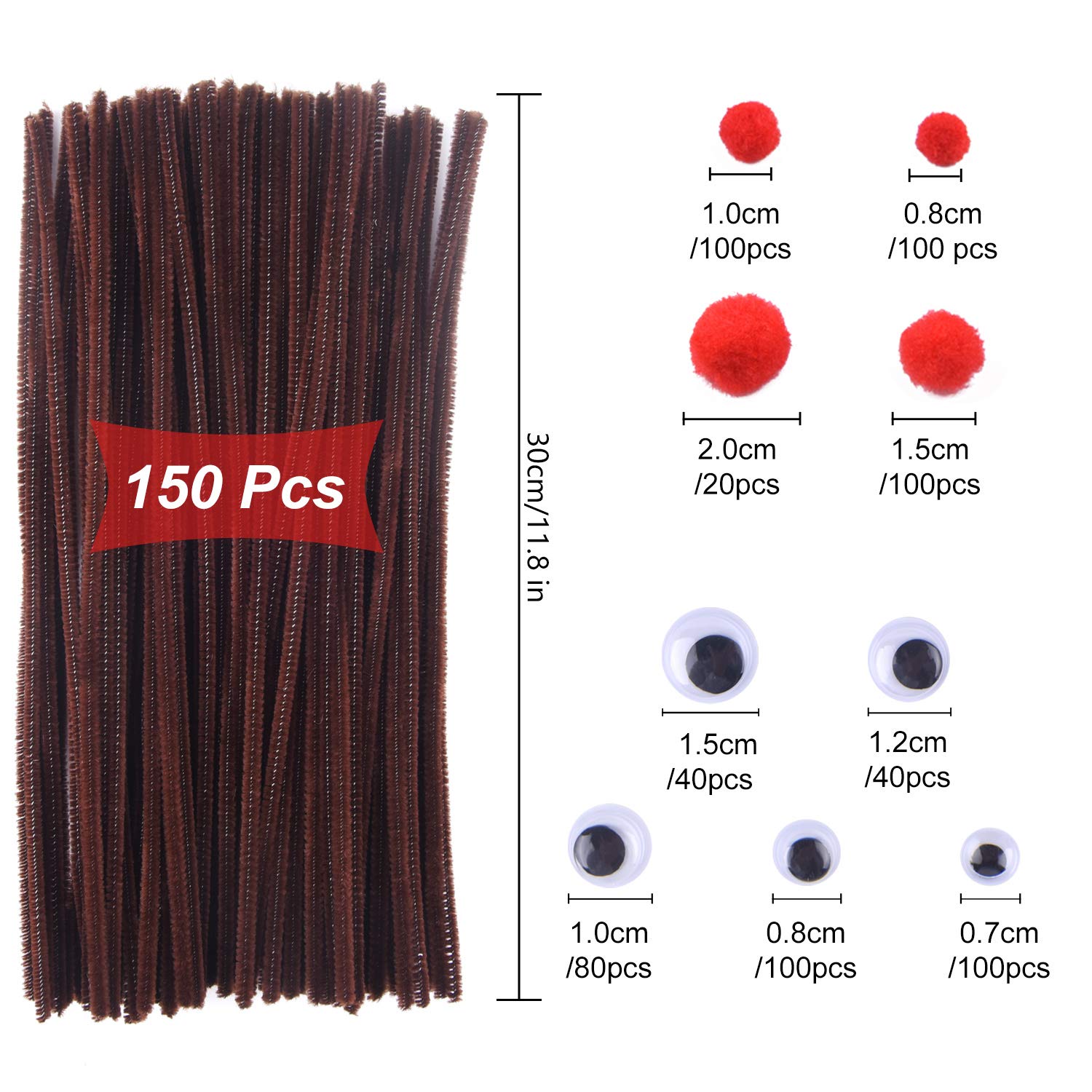 Juego de 830 limpiadores de pipas de Navidad, suministros de manualidades de Navidad, 150 limpiadores de pipas marrones, 360 ojos saltones y 320 pompones rojos para manualidades de renos de 2
