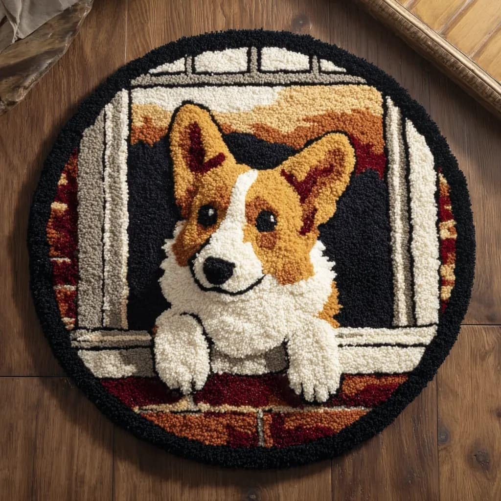 Round Latch Hook Rug Kits Corgi For Adults And Starter 50*50Cm