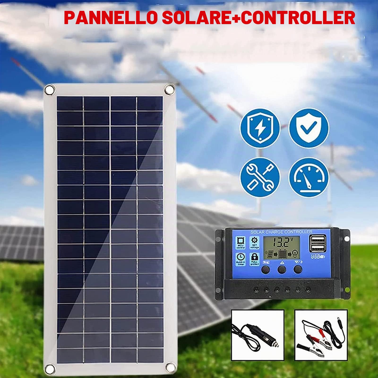 Power Bank 100W Pannello solare, Kit caricabatterie pannello solare fotovoltaico 12V con regolatore 10A-100A Linea di ricarica 10 in 1, Batteria pannello solare per auto, camper, roulotte, b
