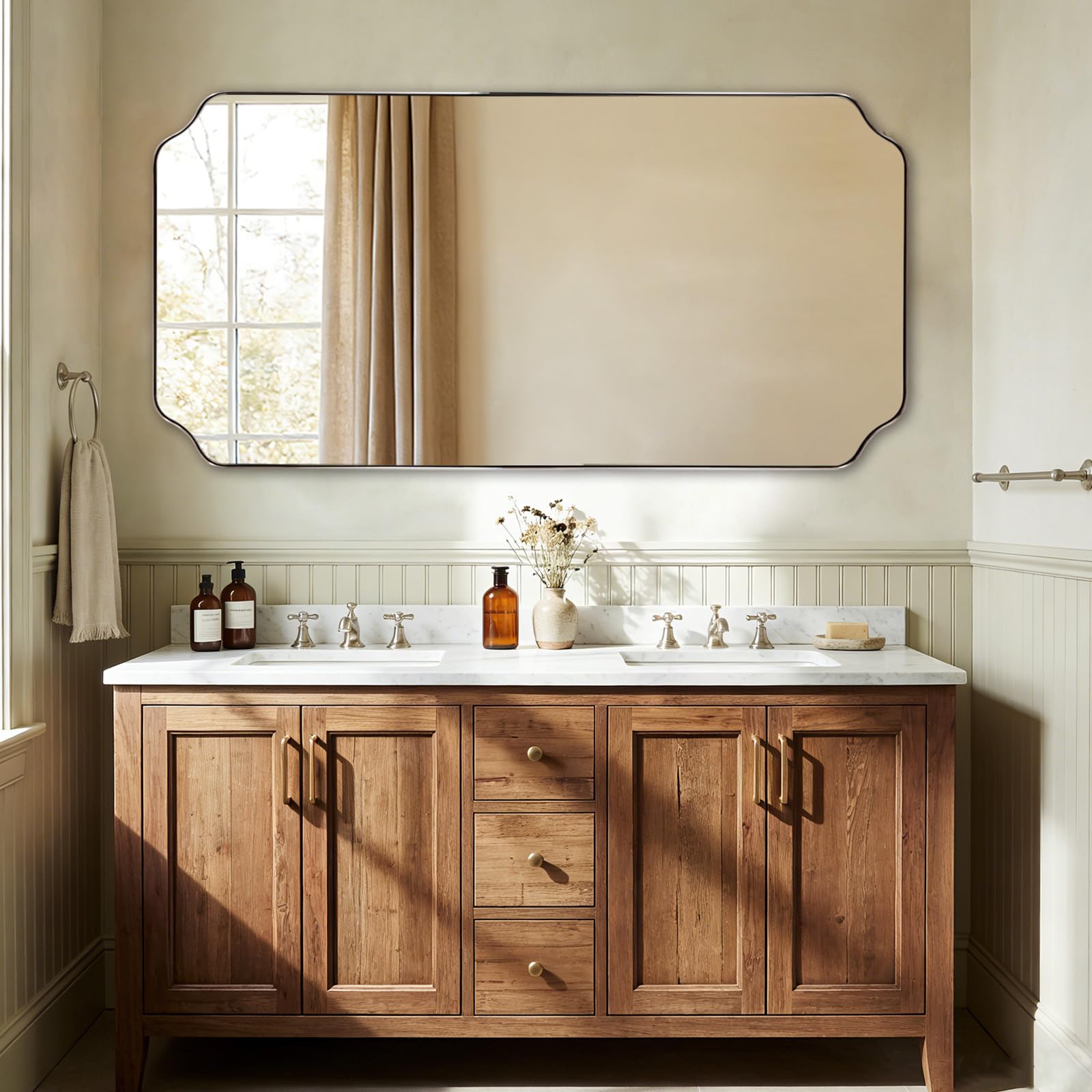 Photo 1 of ANDY STAR 30"x60" Large Bathroom Mirror, Brushed Nickel Rectangle Scalloped Mirror, Modern Full Length Wall Mirror with Rust-Proof Stainless Steel Frame, Hangs Vertically or Horizontally