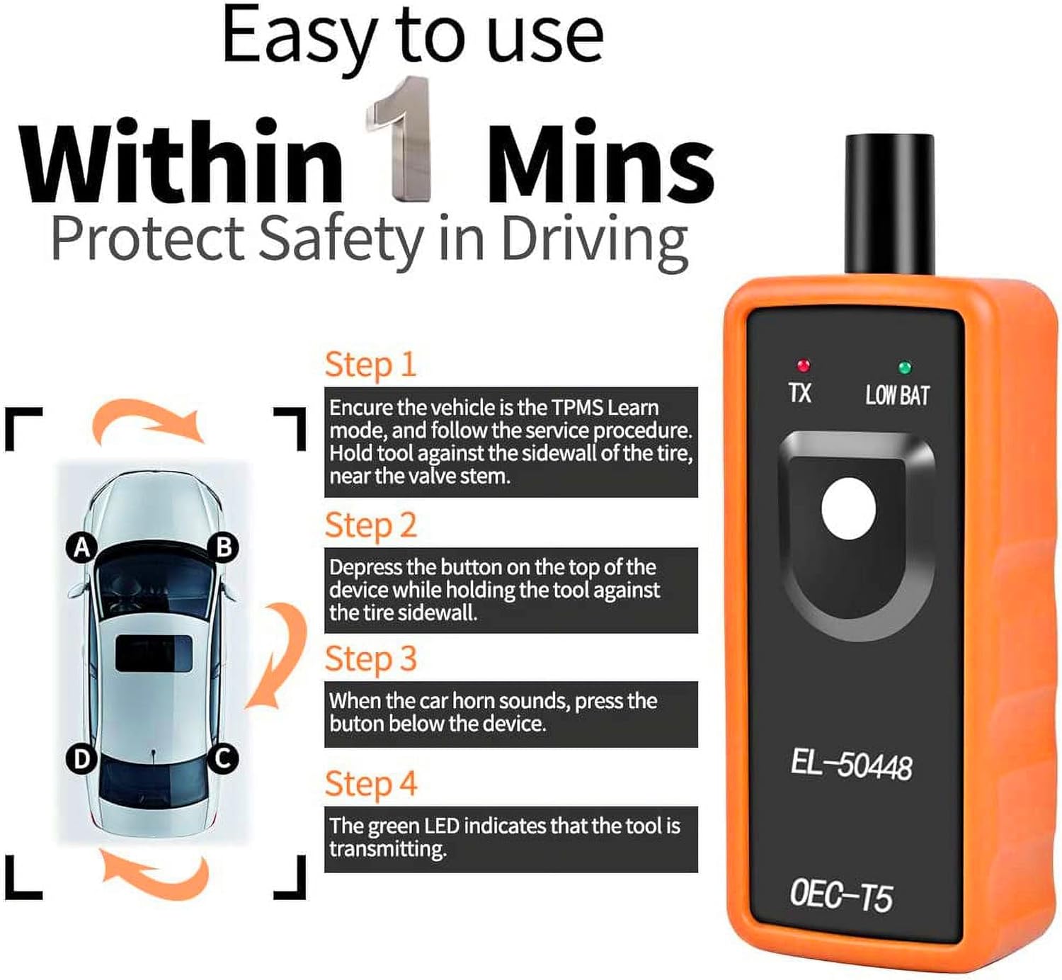 Diagram illustrating the three-step process for using the VXDAS EL-50448 tool to relearn TPMS sensors on a car.