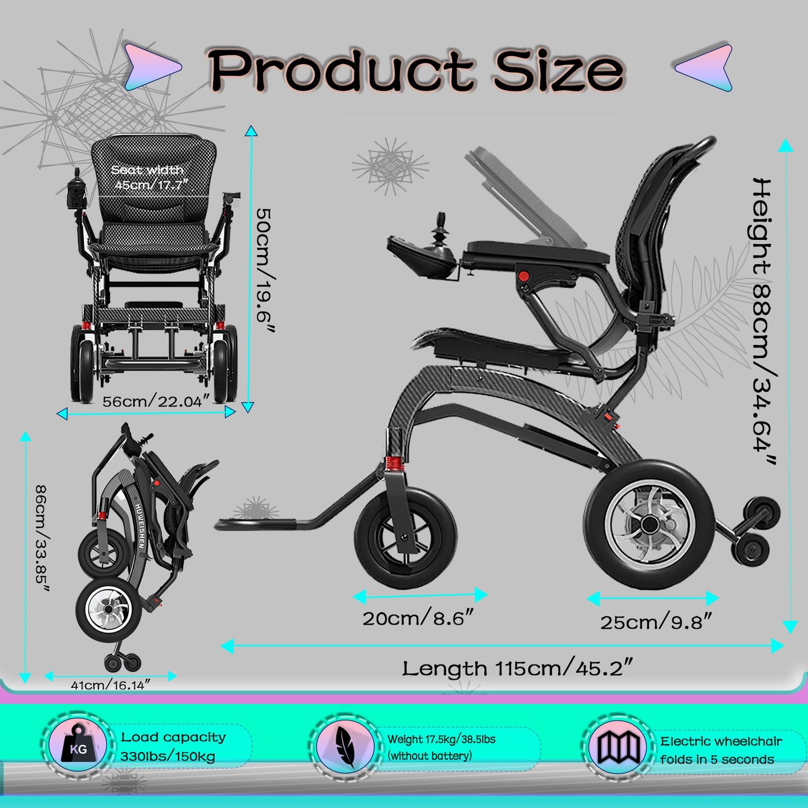 Silla de ruedas eléctrica portátil para adultos y personas mayores, ultraligera, plegable, silla de ruedas motorizada todo terreno de 500 W, altura de pierna ajustable, aprobada por aerolíneas