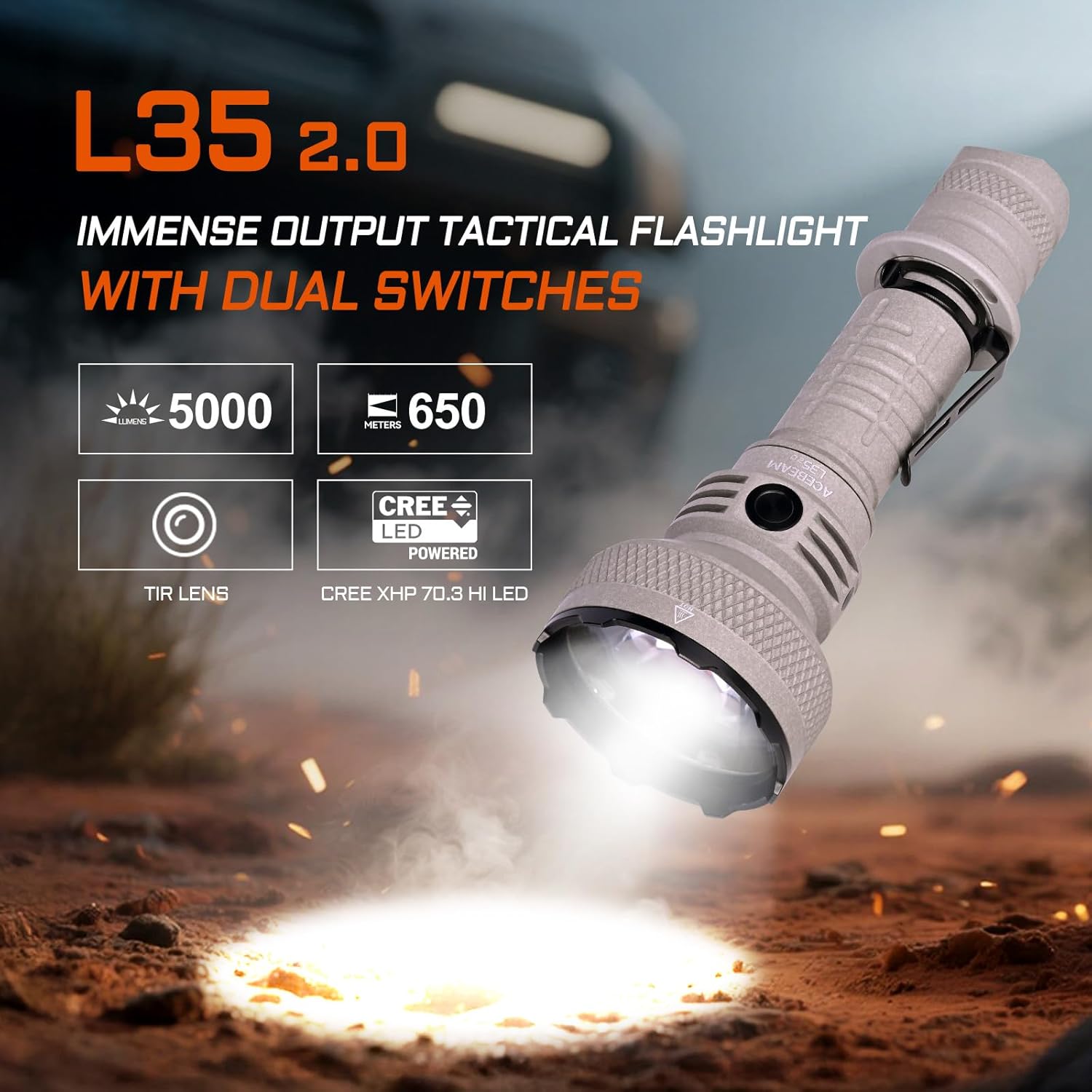 ACEBEAM L35 Tactical Flashlight, 5000 High Lumens Rechargeable Flashlight, 711 Yards Long Range Throw Led Flashlight, Super Compact Dual-Switches Flash Light for Emergency, Searching