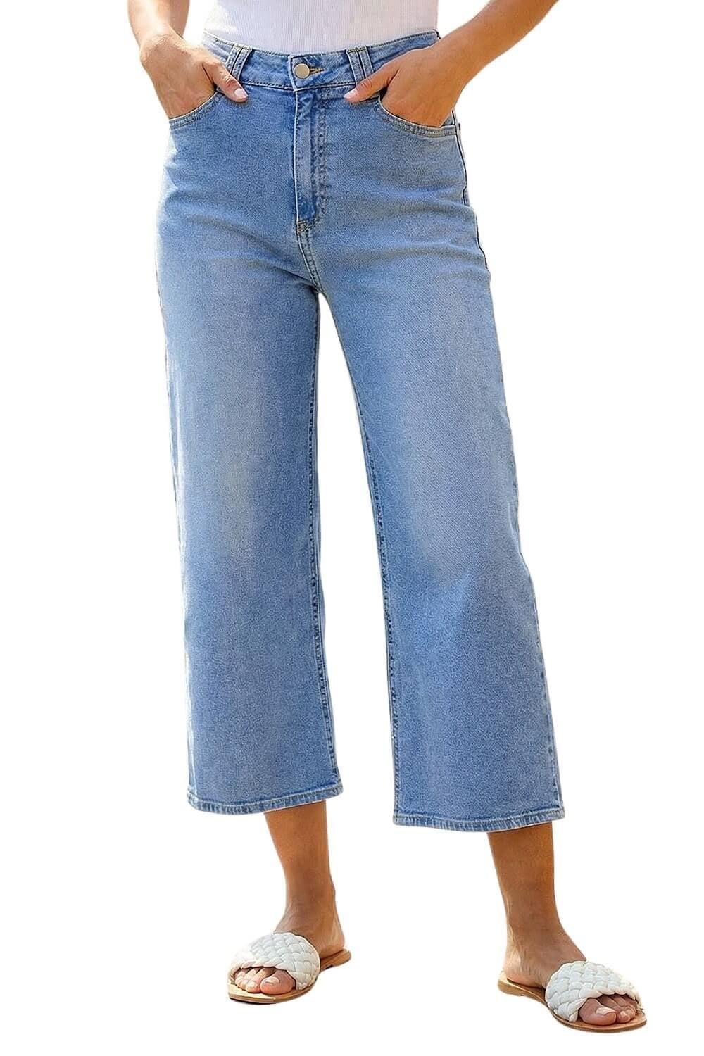 Roman Originals Dusk Fashion Women Denim Stretch Wide Leg Culottes - Ladies Spring Everyday Summer Evening Vacation Work Holiday Smart Casual Comfort - Light Denim - Size 8