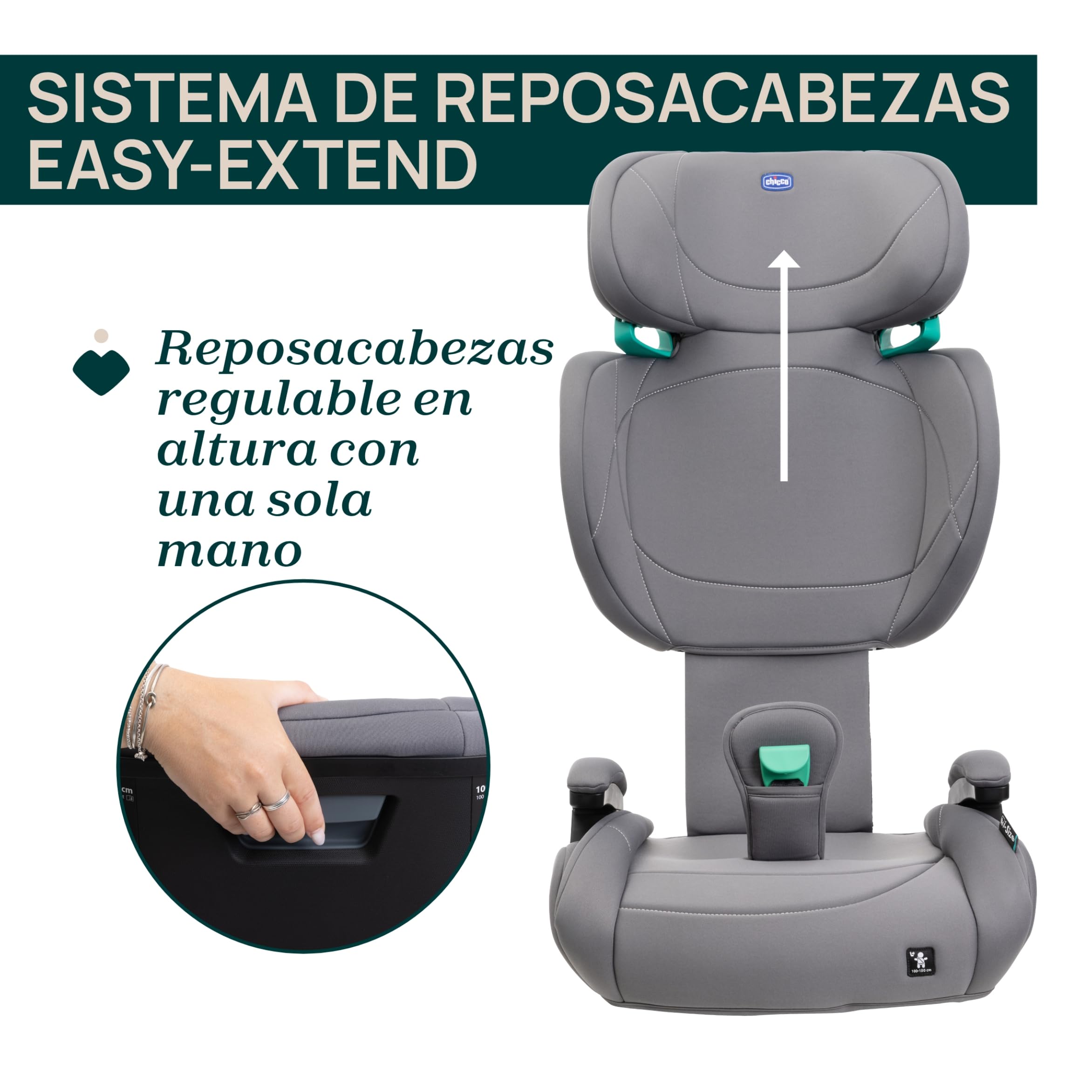Chicco Quizy Lite i-Size, Silla Infantil para Coche 3-12 Años (100-150 cm), Peso 15-36 kg, Fácil de Instalar, Reclinable, Ajustable en Altura, Reposabrazos Acolchados y Cómodo Asiento, STONE, gris