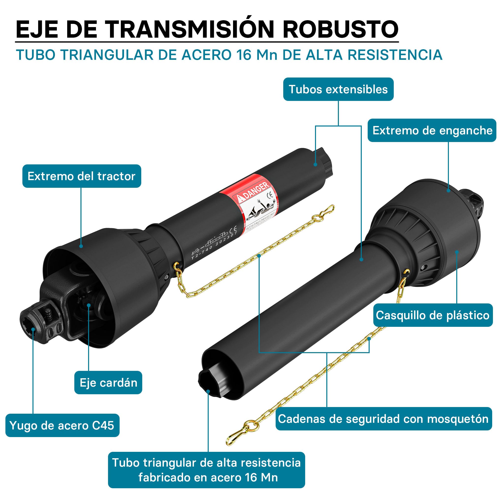 WilTec Toma de Fuerza T2 Eje transmisión cardán 740-960mm 270Nm 540rpm PTO 23KW (31CV) 2X 1 3/8" 6 Dientes
