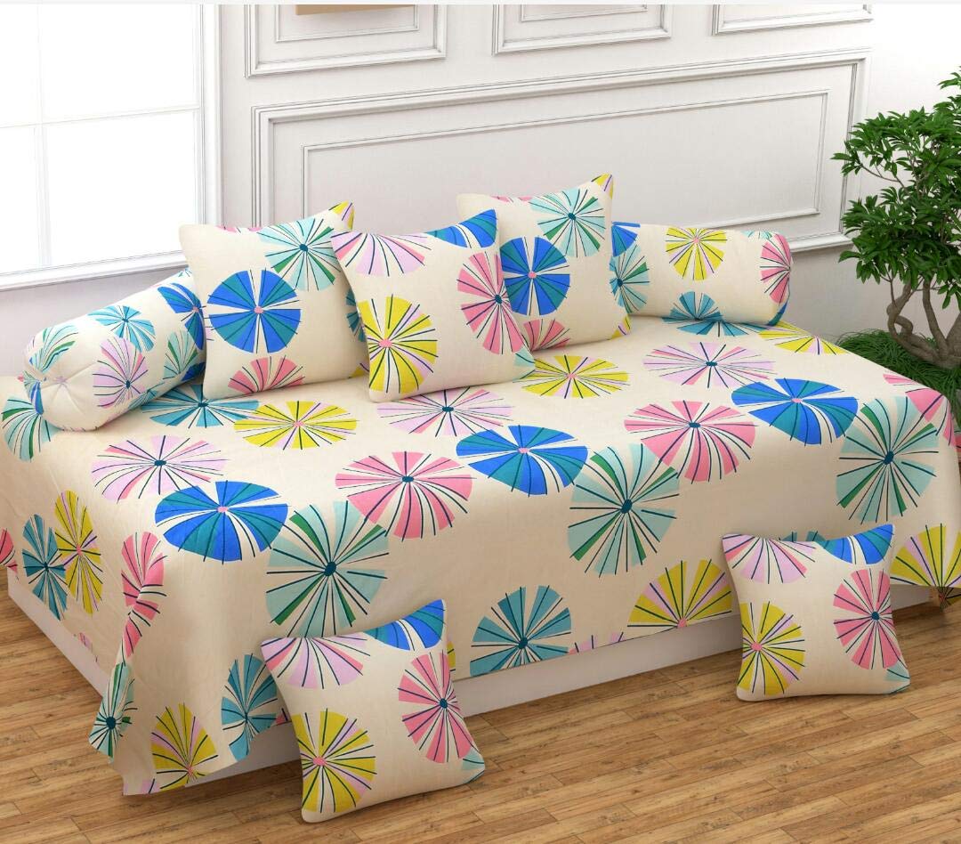 Diwan Cotton Single Bedsheet with Cushions for Living Room 5 and boosters 2 Pieces - Set of 8 Combo (Multicolour Flower)(Design 038)-picture-19