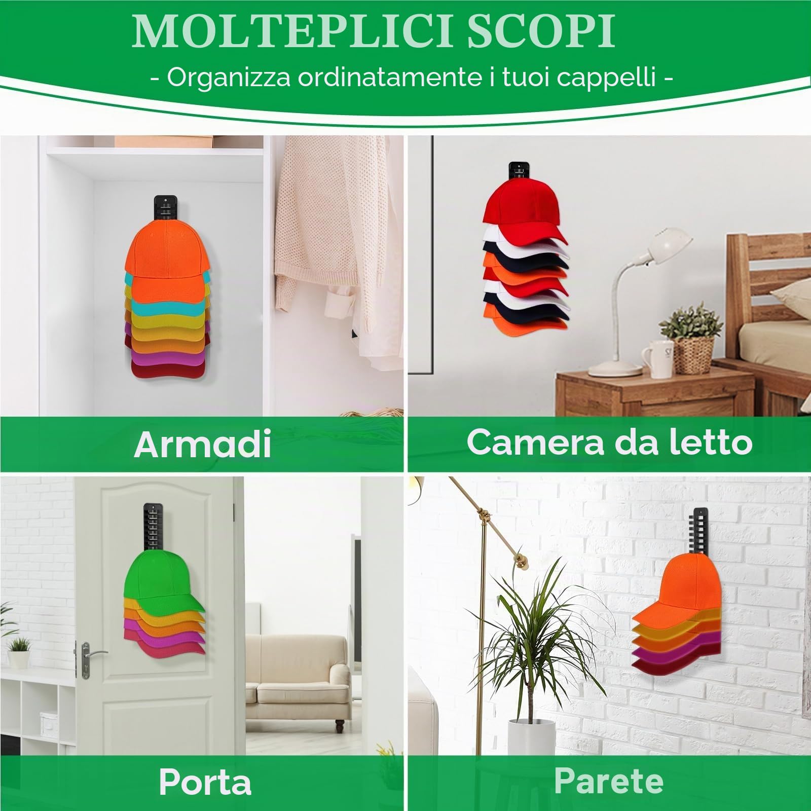 JGGDUU Porta Cappelli per cappelli da baseball, espositore per cappelli da parete, porta, armadio, contiene fino a 16 cappelli, gancio adesivo o da trapano per cappelli, Nero