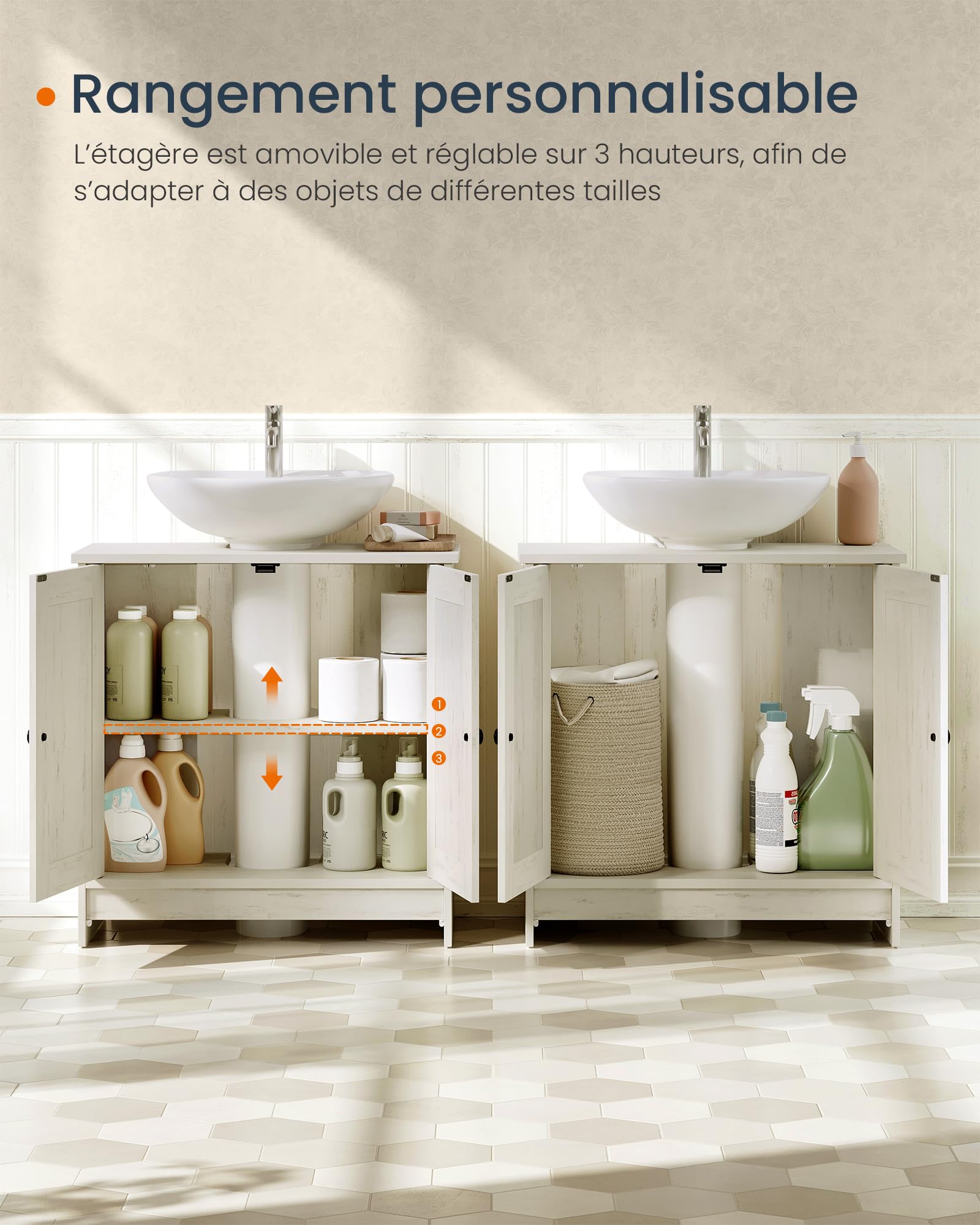 SONGMICS Home Meuble sous Lavabo, Assemblage Ultra-Rapide sans Outils Toolless, Meuble de Rangement avec Étagère Réglable, pour Lavabos avec ou sans Colonne, Blanc Rustique BBC223WJ01