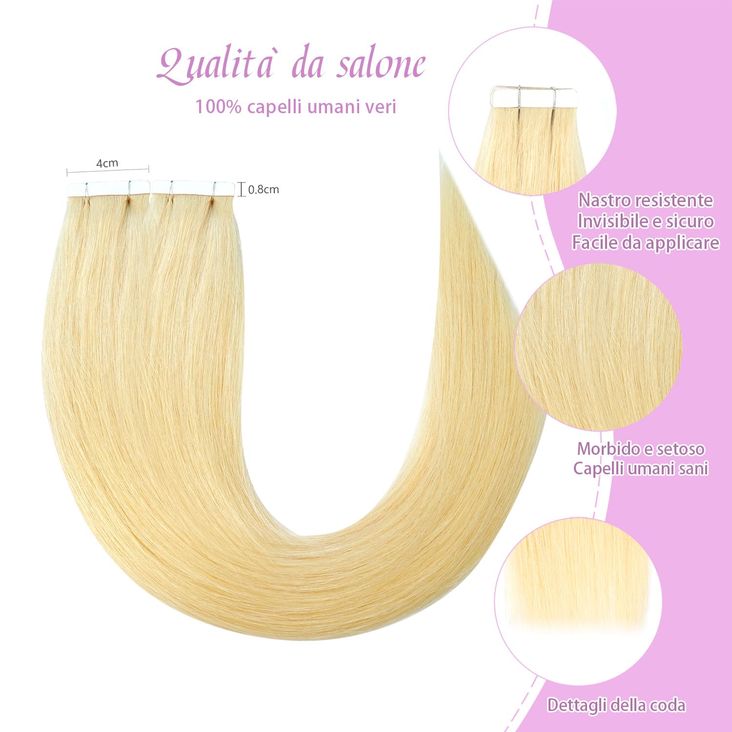 LieblichWelle Extension Capelli Veri Biadesivo Biondo Decolorato 60 cm, 20 pz, 50 g, Salon-Grade Qualità, Facili Comode da Indossare Per le Giovani Donne (Biondo Decolorato, 60 cm)