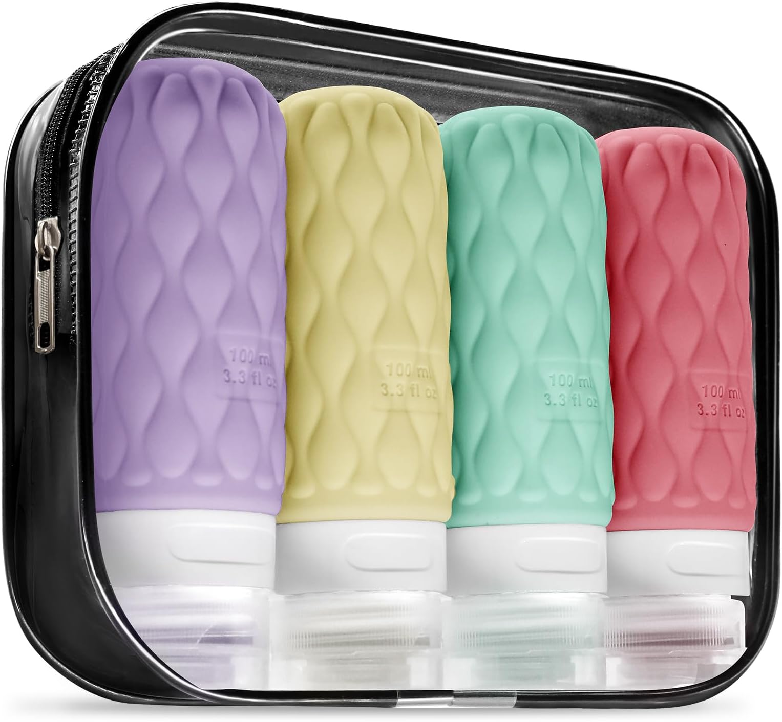 100ml Silicone Travel Bottles for Toiletries with Labels/Clear Bag, Holiday Travel Essentials Leakproof Refillable Squeeze Travel Size Containers Set for Shampoo and Conditioner
