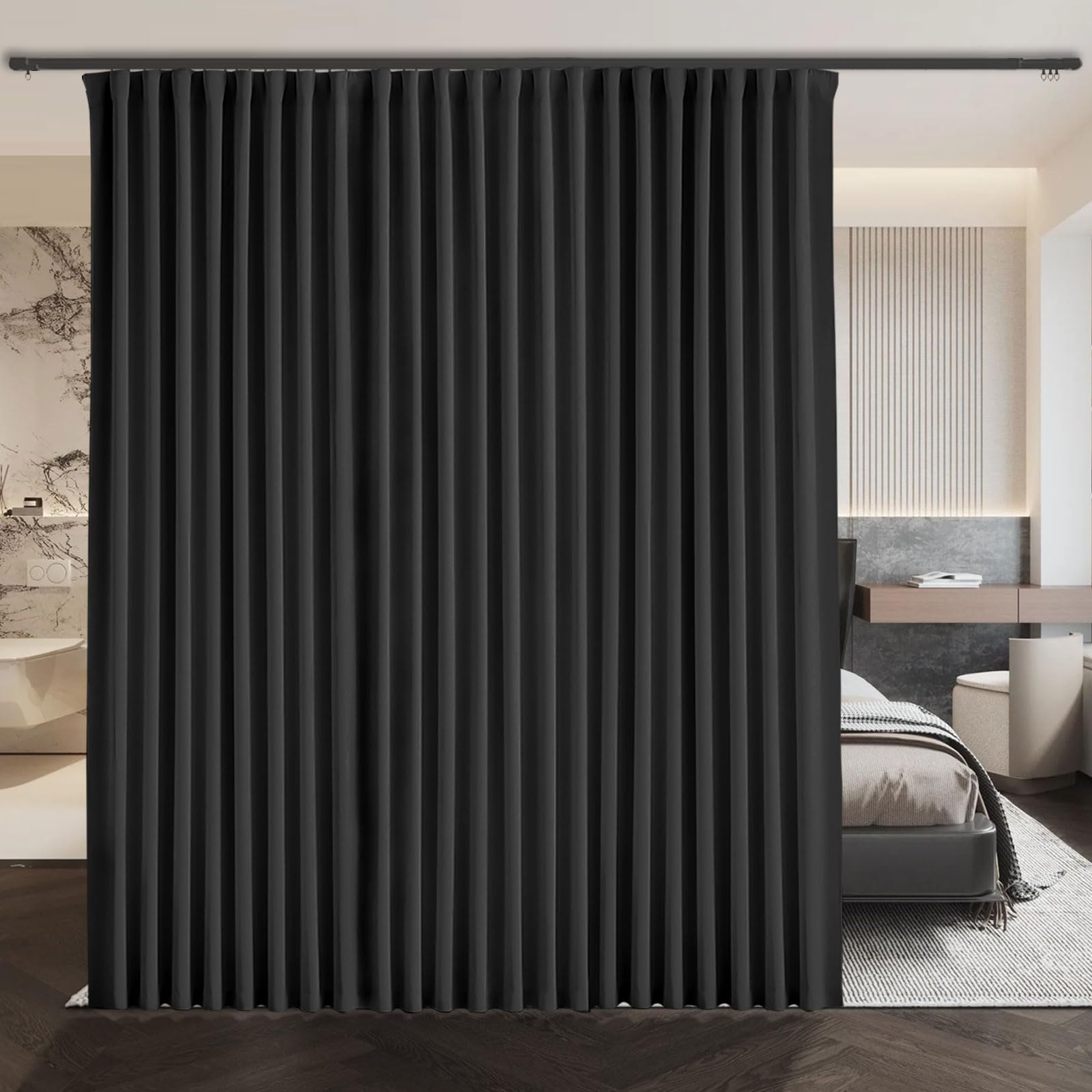 Extra Wide Blackout Curtains Room Separator Soundproof - Floor to Ceiling Curtain for Ceiling Track or Rod with Hooks - Privacy Room Divider Curtains for Wall Ceiling Mount Track, 1 Panel