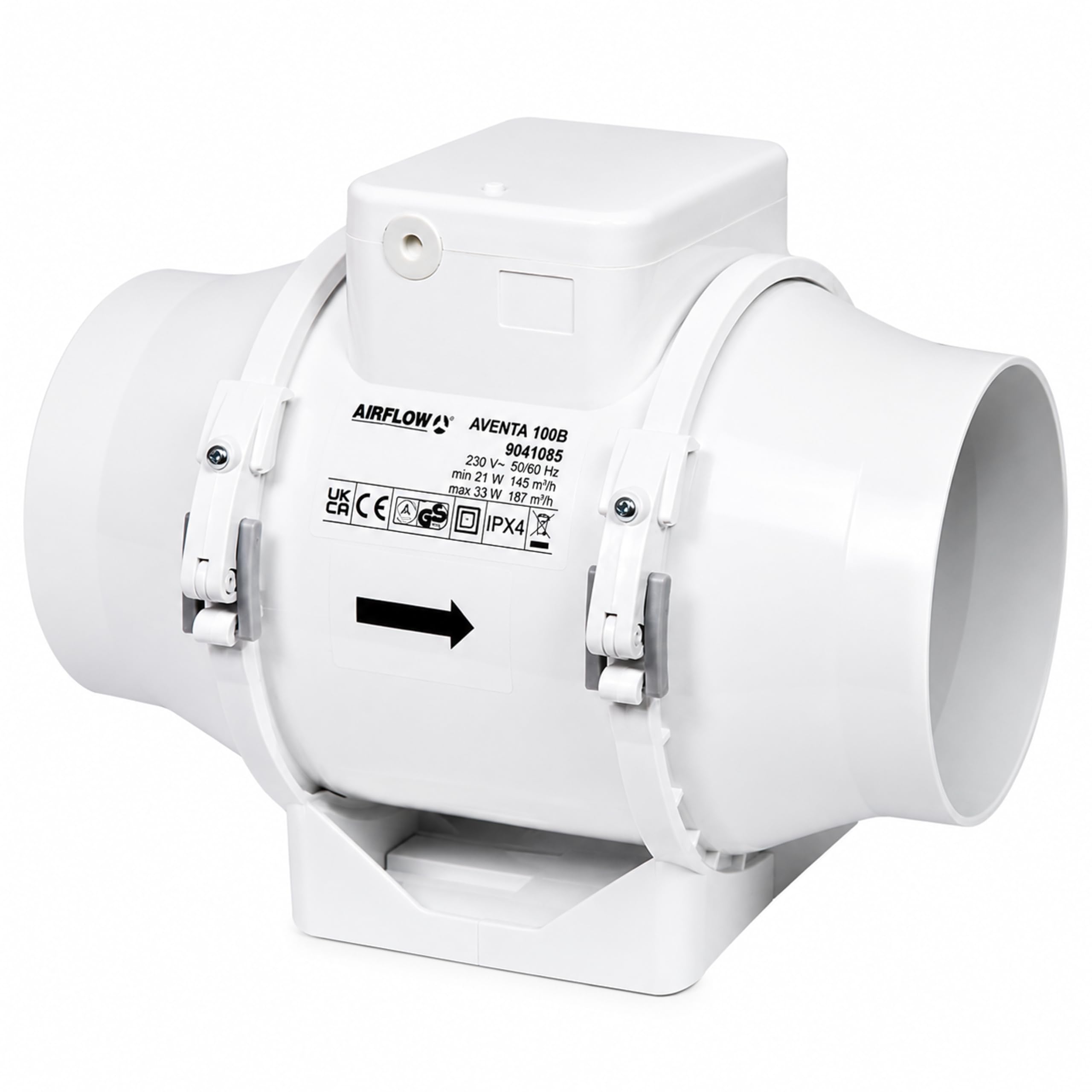 Airflow Aventa 100B Aspiratore In-Linea a Flusso Misto – Ventilazione 21W a Risparmio Energetico, 40–52 l/s (145–187 m³/h), IPX4, Condotto 100mm, 3 Anni Garanzia