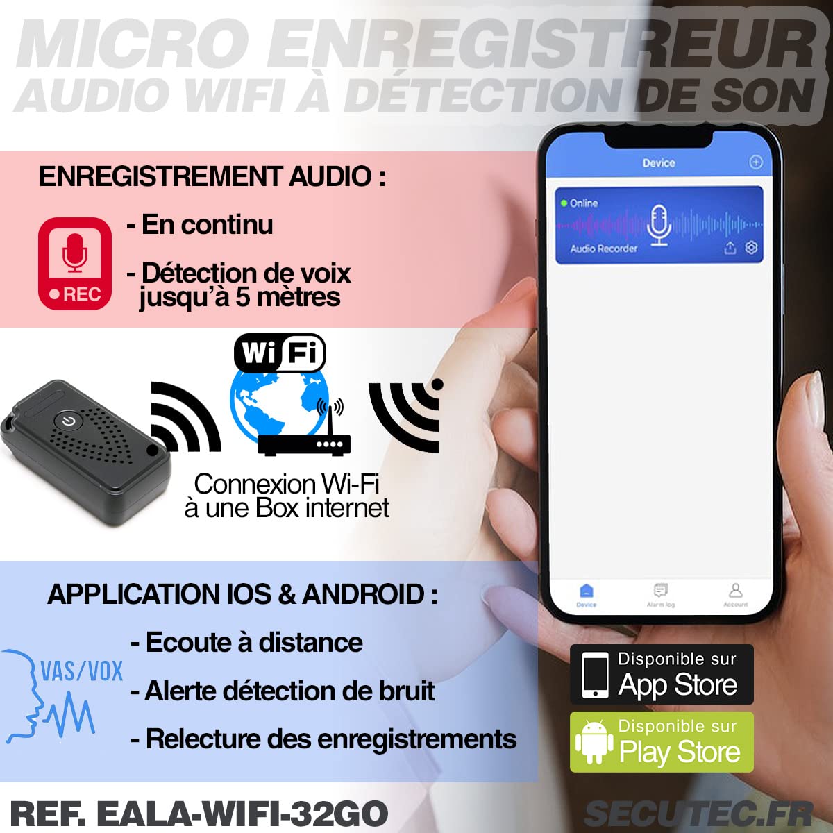Mini Enregistreur Audio WiFi Autonomie Longue détection de Bruit, écoute à Distance 32 Go