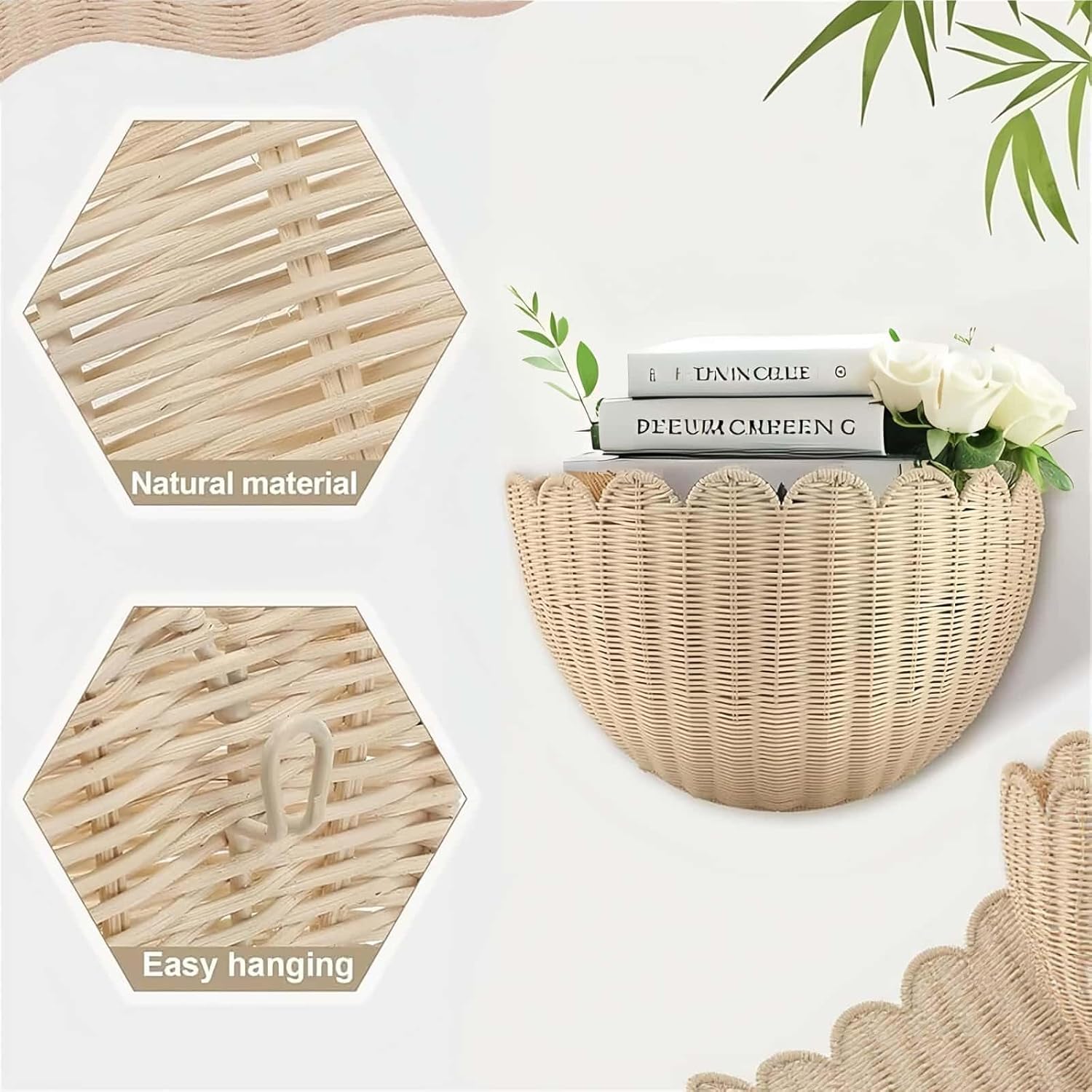 Scalloped Wall Basket,Hand Woven Hanging Wicker Wall Baskets Set, 16 x 10 x 7 & 14 x 8 x 6 Inch Scalloped Rattan Wall Basket Decor for Home,Bathroom,Living Room Organizing