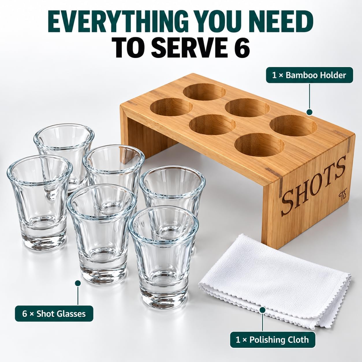 Shot Glass Set with Wooden Holder, 1 Oz Heavy Base Shot Glasses, Set of 6