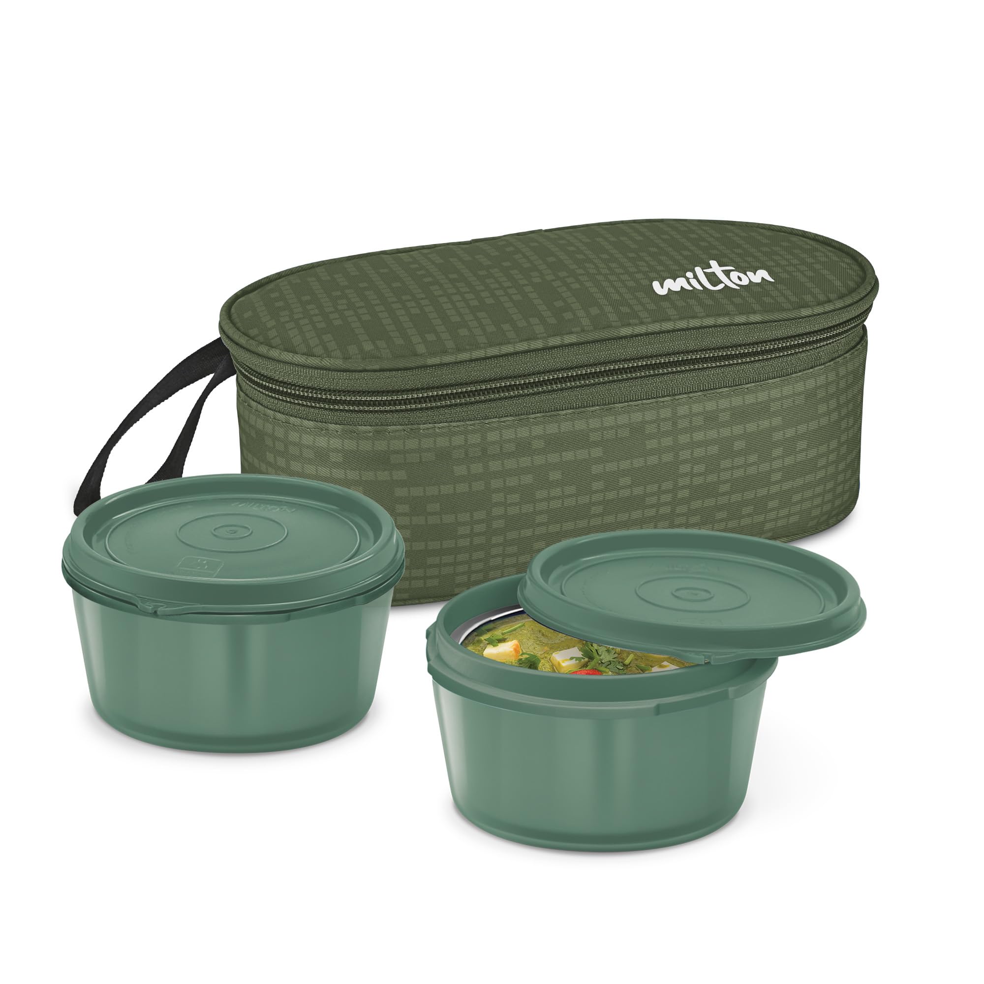 MILTON Graze Lunch Tiffin (2 Round Inner Steel Microwave Safe Containers 320 ml Each) with Insulated Fabric Jacket, Green, Leak Proof, Odour Proof, Light Weight, Easy to Carry, Food Grade (B0DHCQQSKY) Amazon Price History, Amazon Price Tracker