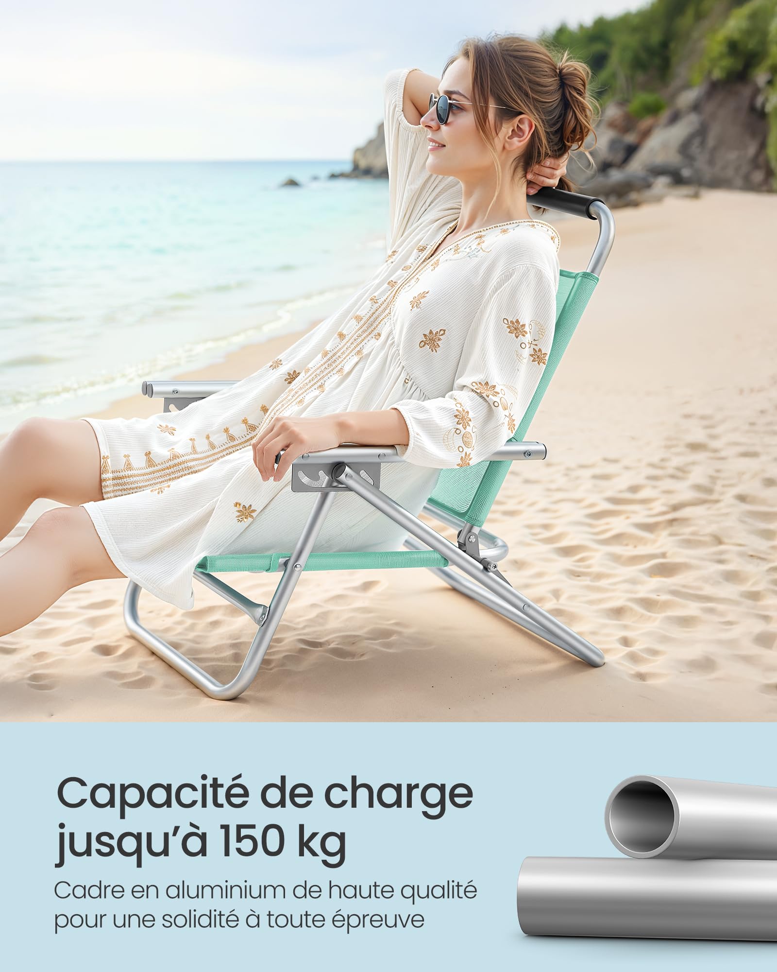 SONGMICS Chaise de Plage, Pliante, Portable, Dossier Réglable sur 4 Niveaux, avec Accoudoirs, Respirante et Confortable, Chaise d'Extérieur