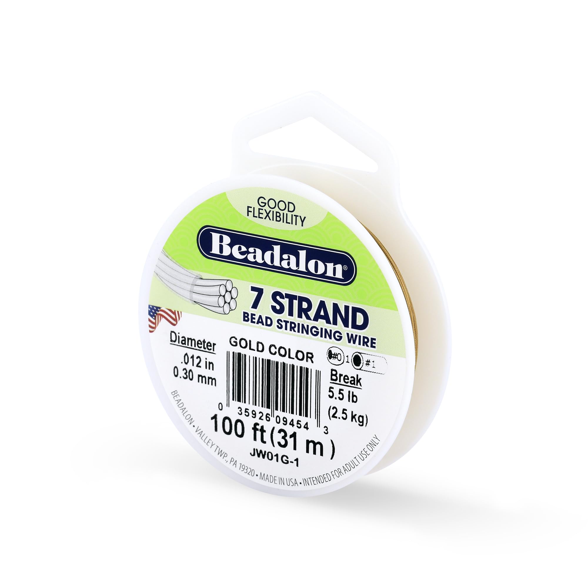 Beadalon 7 Strand Bead Stringing Wire, 0.012 in / 0.30 mm, Gold Color, 100 ft / 31 m