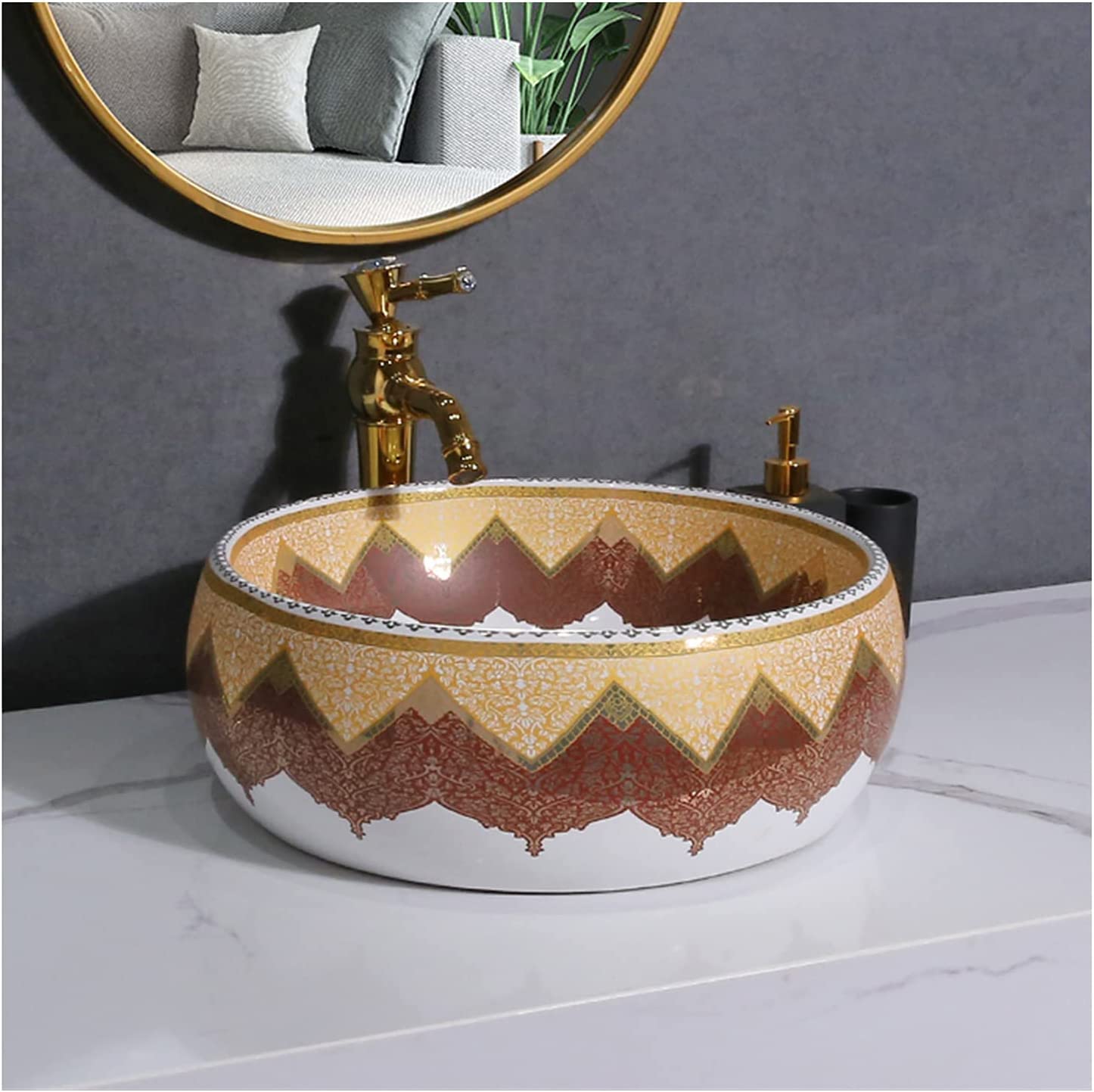 Gljtuo Whitebrown Ceramic Bathroom Sink Round Vessel Sink, Countertop Basin Sink Ceramic Vessel Bowl, Washbasin White With Faucet Matching Pop Up Drain Combo For Cloakroom Bathroom,