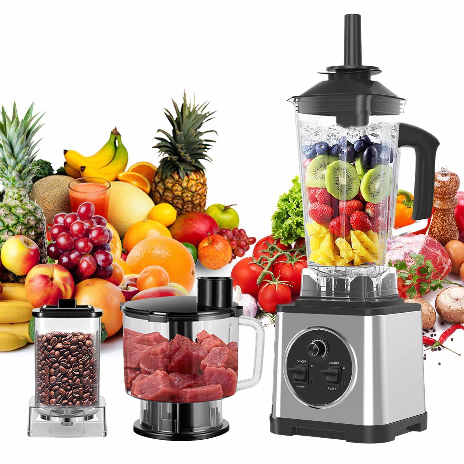 1200W 3-En-1 Blender Mixeur Multifonctions, 2.5L+2L+0.8L Mixeur, 15 Réglages de Vitesse Broyeur à Grains, Robot Cuisine pour Smoothies, Shakes,Aliments,Glace PiléE (A)