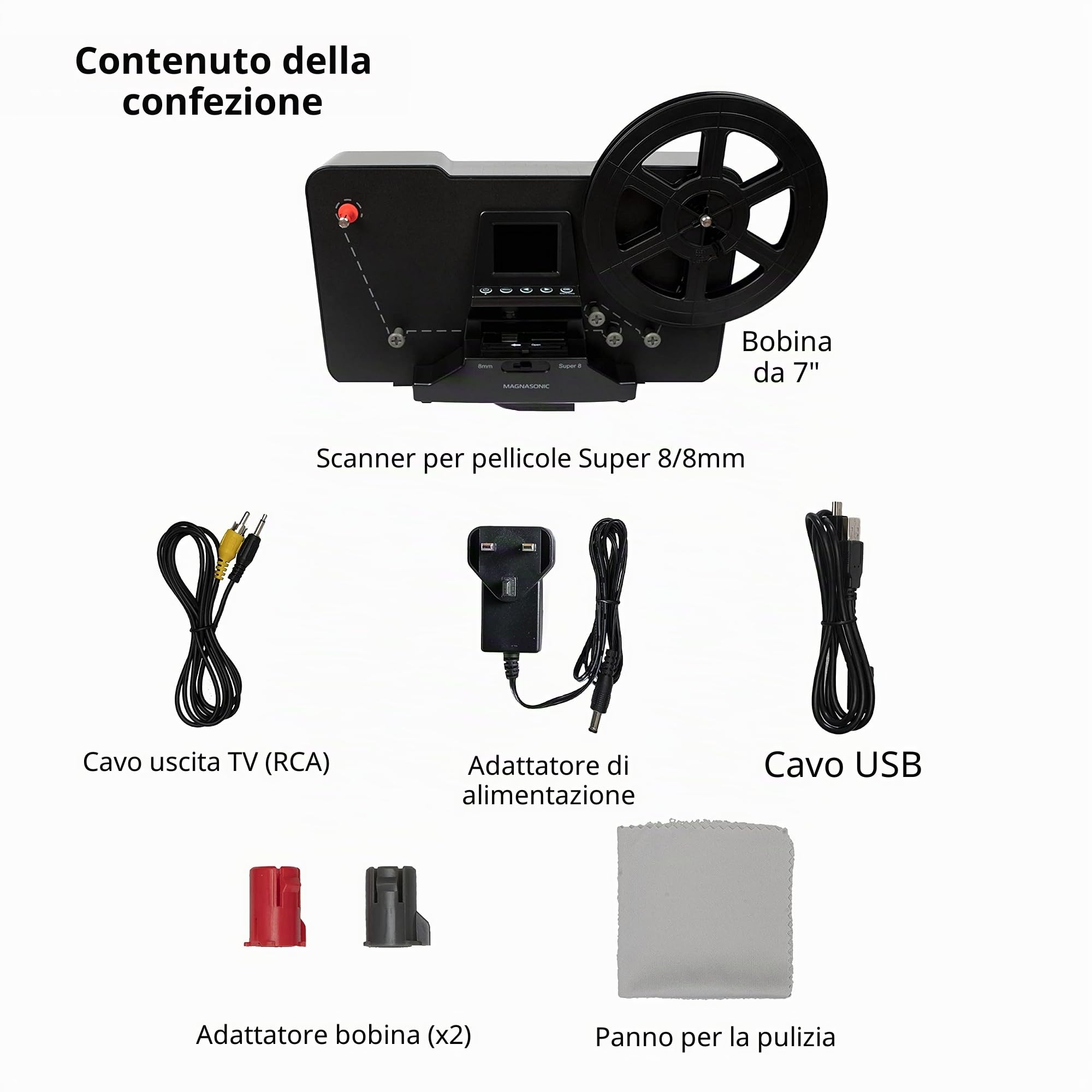 Magnasonic Super 8/8mm Film Scanner, converte la pellicola in video digitale, schermo vibrante da 2,3", digitalizza e visualizza 3", 5" e 7" Super 8/8mm (FS81)