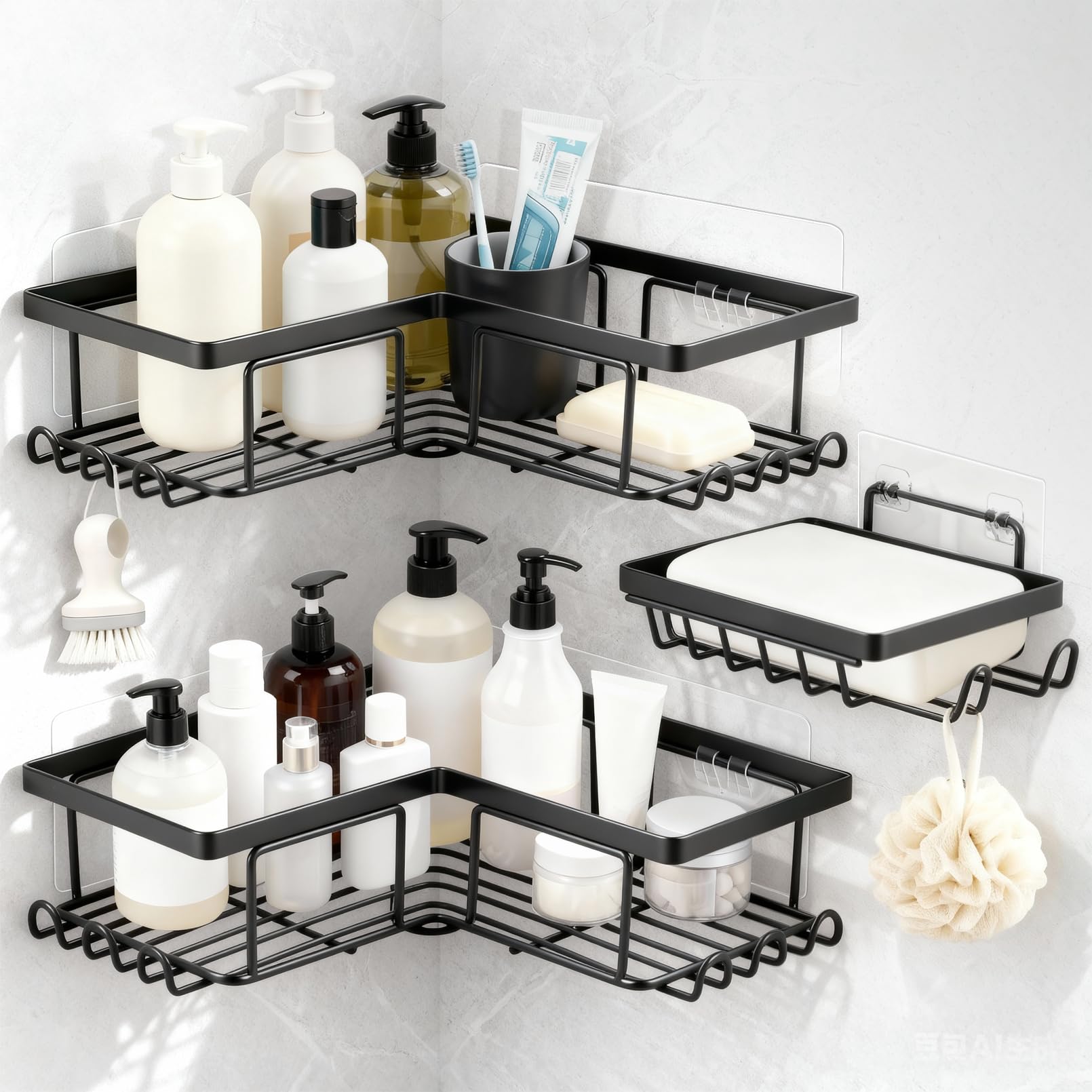 Gabotrie 3 Pack Corner Shower Caddy 2 Stainless Steel Shower Shelves with Hooks and 1 Soap Holder No