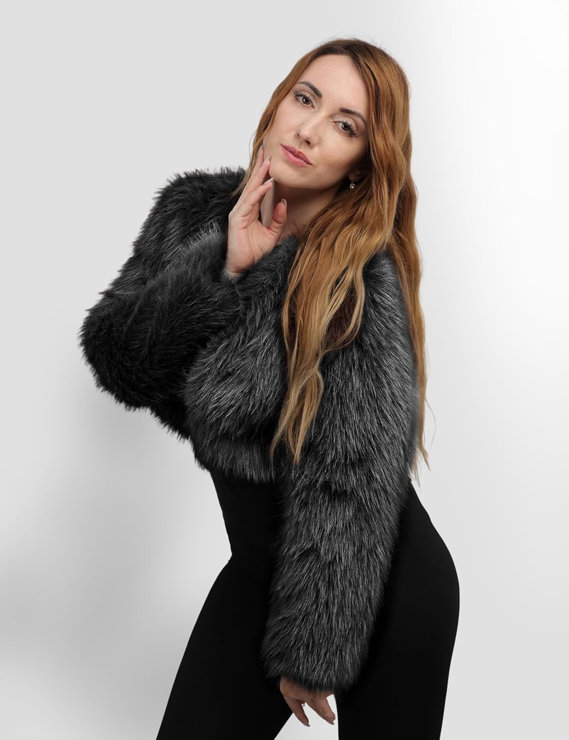 Womens Faux Fur Coat Long Sleeve Cropped Jacket Fluffy Winter Shaggy Warm Cardigan Outerwear - Image 6