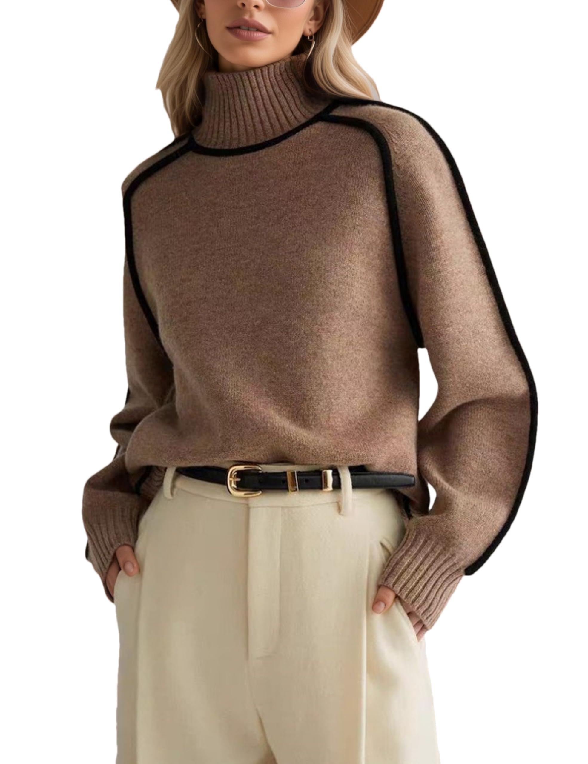 Womens Contrast Piping Mock Neck Sweaters Fall Fashion Long Sleeve Knitted Pullover Casual Loose Cozy Tops
