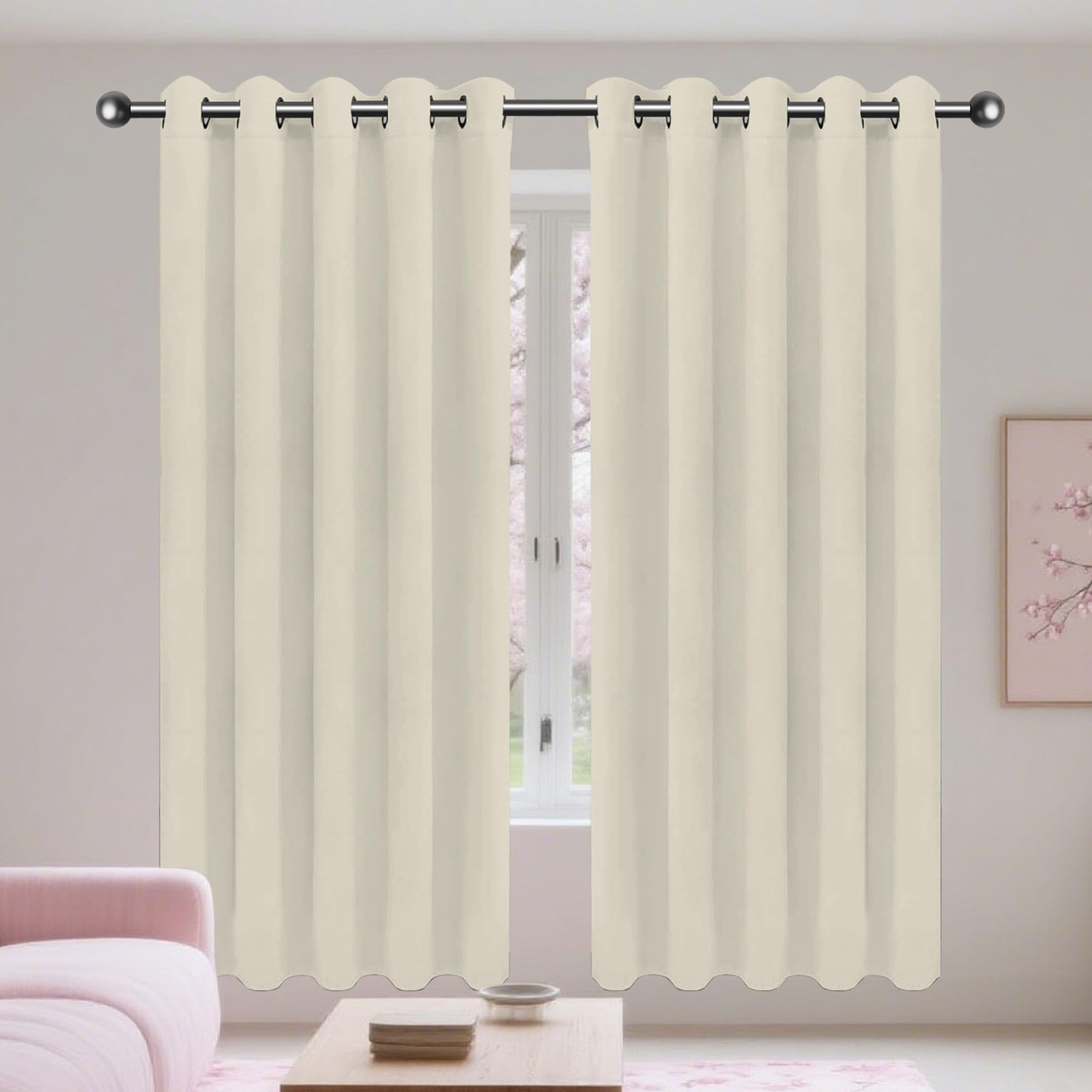 Rideau occultant beige 450x230 cm avec oeillets pour grand salon