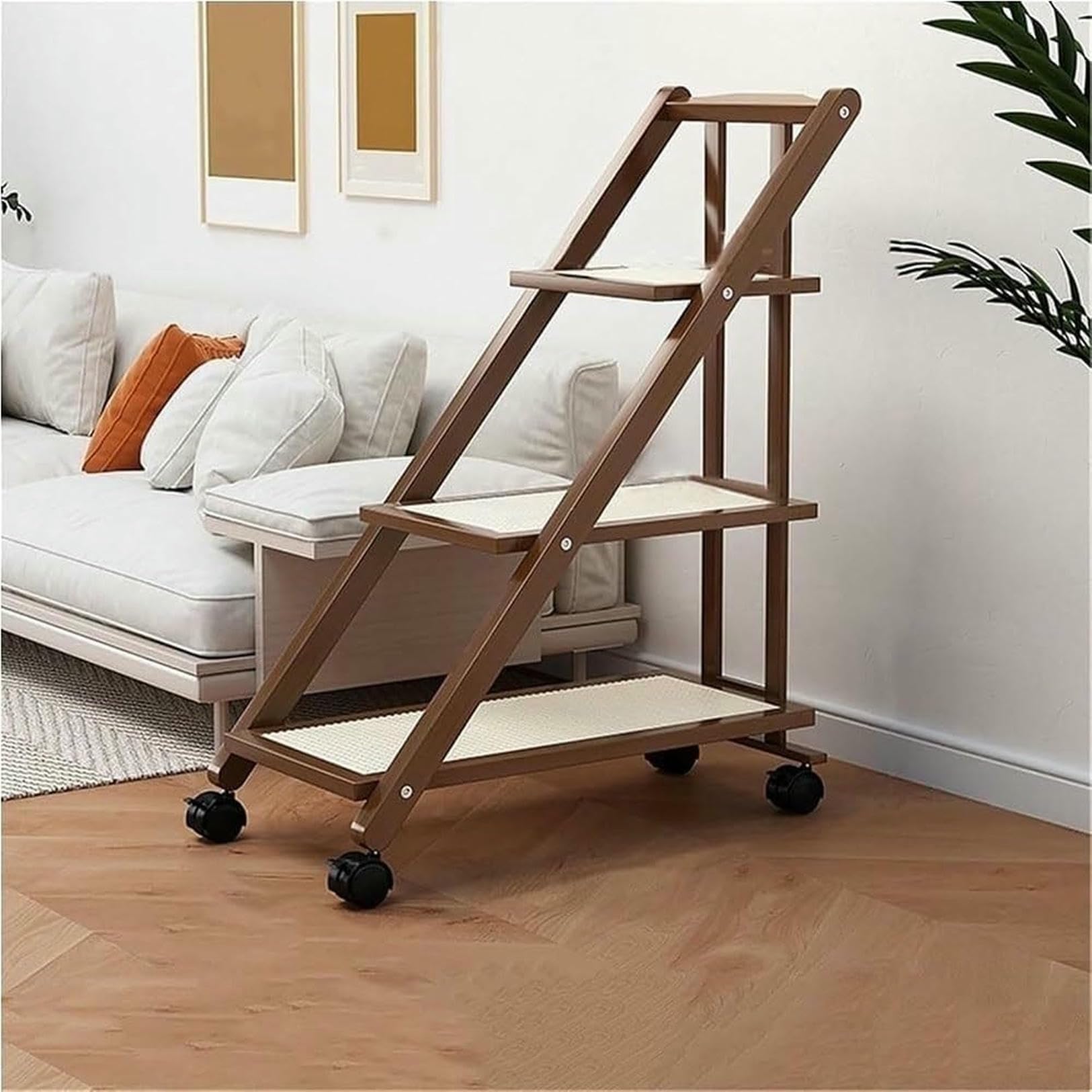 Eiwitany Foldable Narrow Wheeled Wooden Side Cart with Plastic Rattan Mesh, Mobile Sofa & Bedside End Table for Living Room (Brown 3 Tier)
