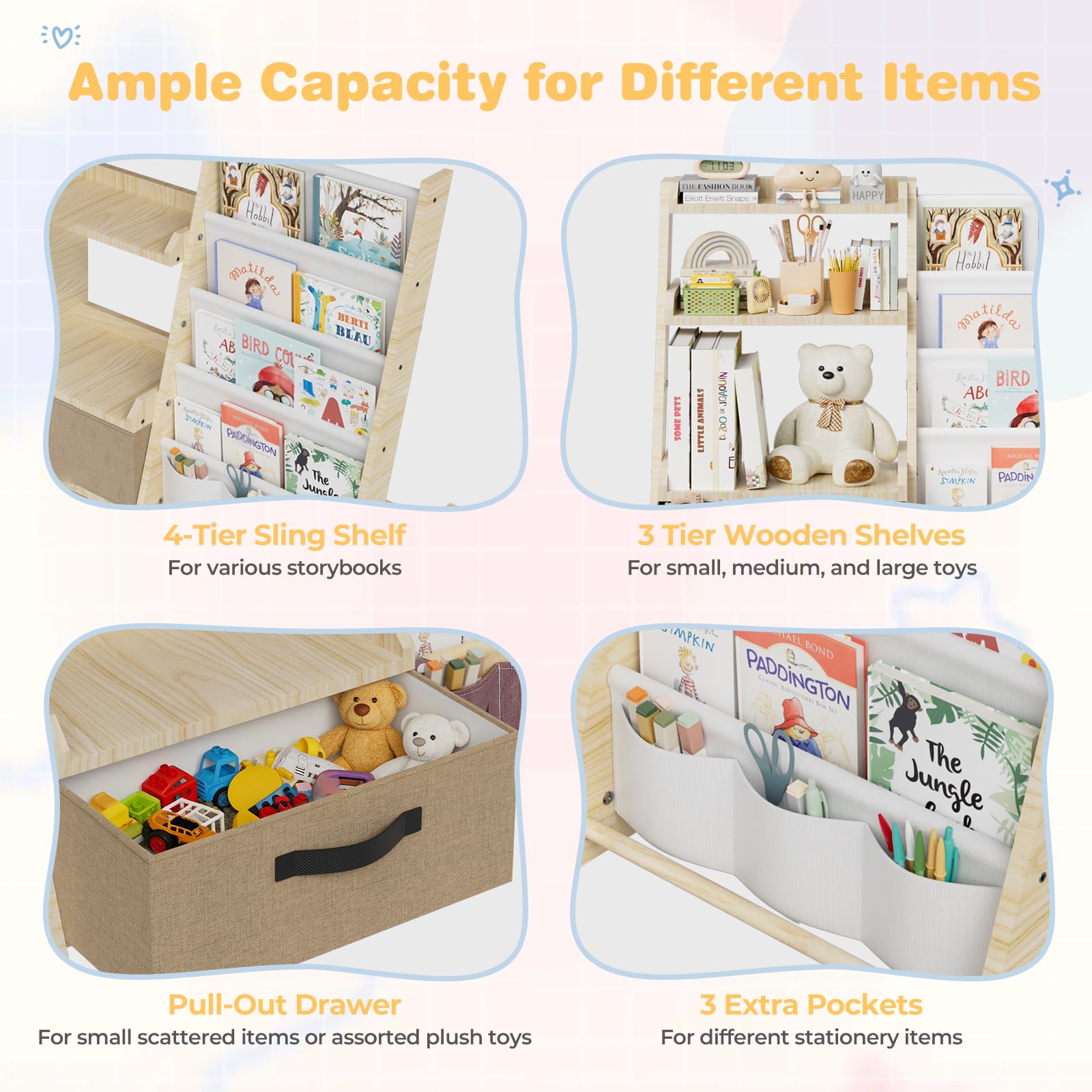 Scaffale per bambini con organizer per giocattoli 2 in 1 - Libreria in legno e tessuto con 4 scomparti, cassetto e tasche portapenne, scaffale sicuro per bambini, altezza 68 cm, per cameretta