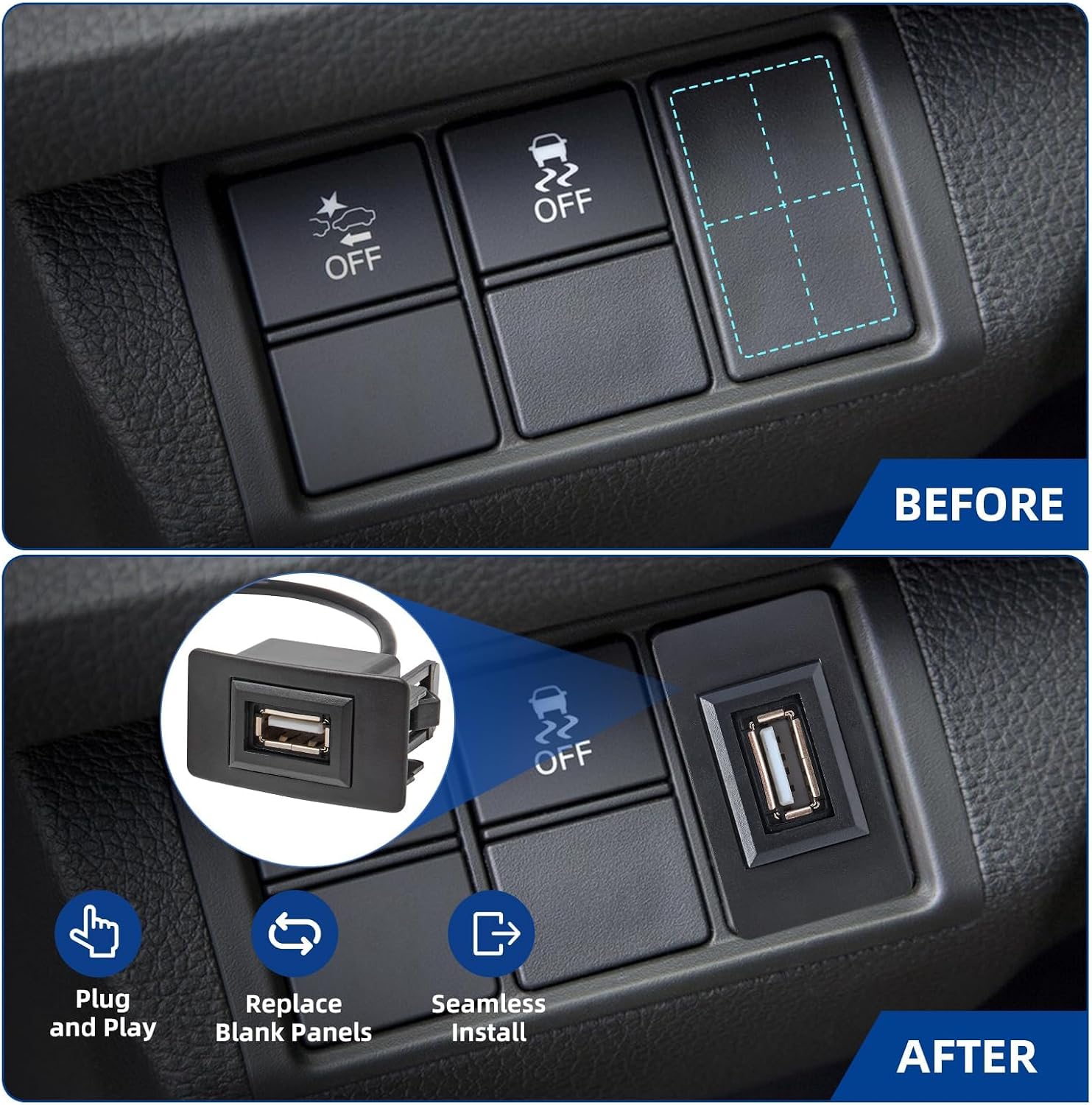 Anina USB Port Car Charger for Honda, Male to Female USB Power Socket Adapter, Panel Flush Mount Extension Cable for Civic CRV Accord Jazz Odyssey, Square Vehicle Dash Port Kit (44 * 26mm)