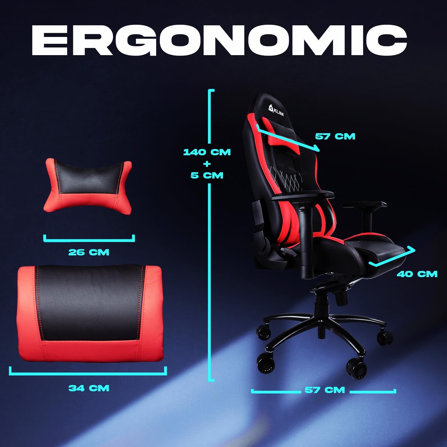 Diagram showing the dimensions of the KLIM Esports Gaming Chair ER, including seat width, backrest height, and cushion sizes.