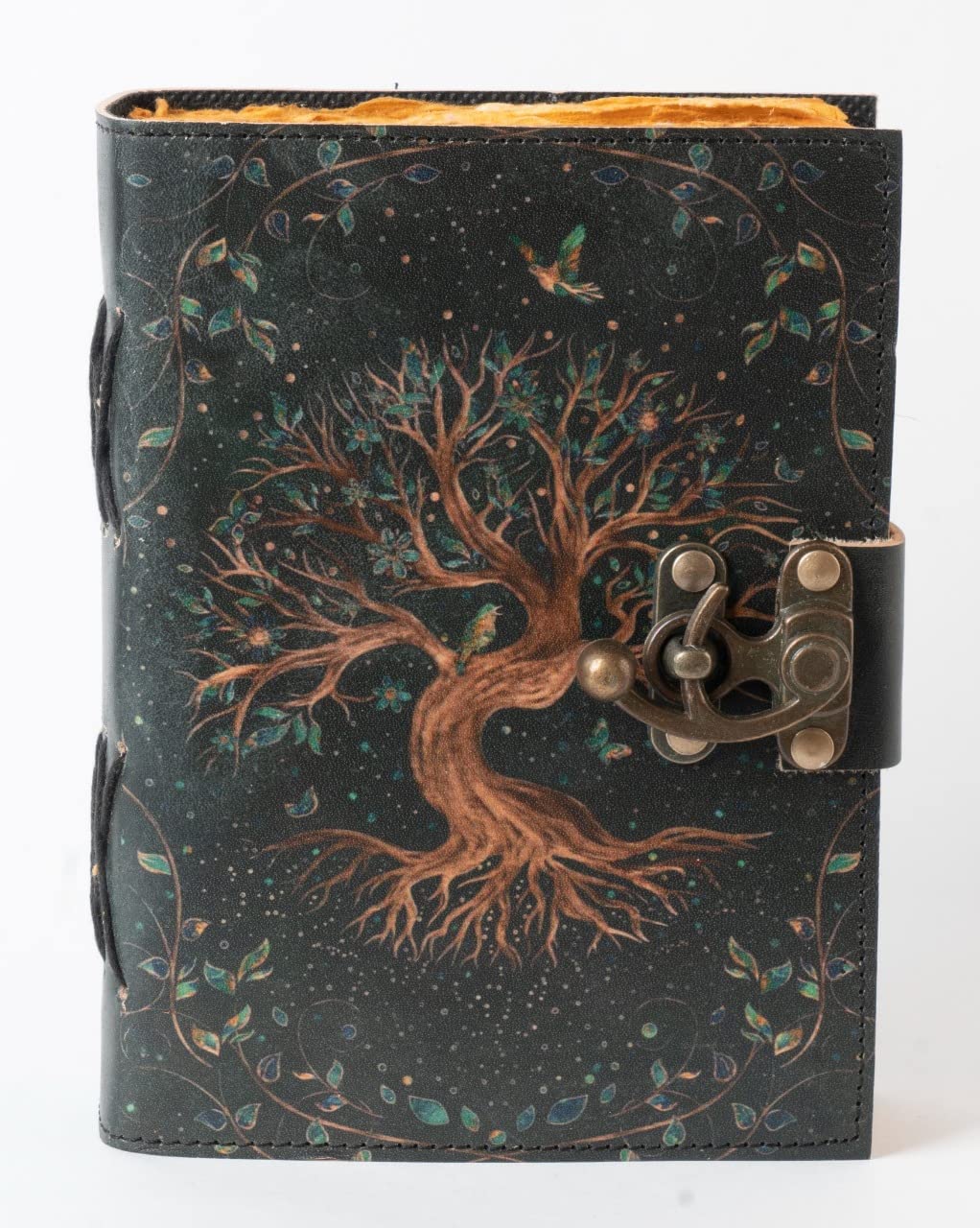 NATURALS EXPORT Blank Old Tree Book Journal With Lock Clasp Prop Vintage Handmade Leather Diary Embossed Antique Notebook Daily 7 X 5 Inches - 200 Pages