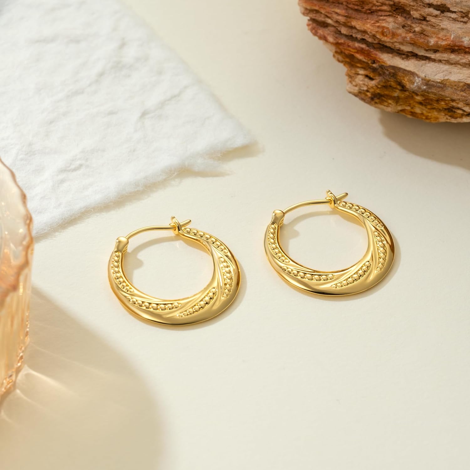Gold Earrings for Women 14K Gold Hoop Earrings for Women Gold Hoops Earring for Womens Hoops Detailed Beaded and Curve Texture Hoop Earring for Womens 22/25mm