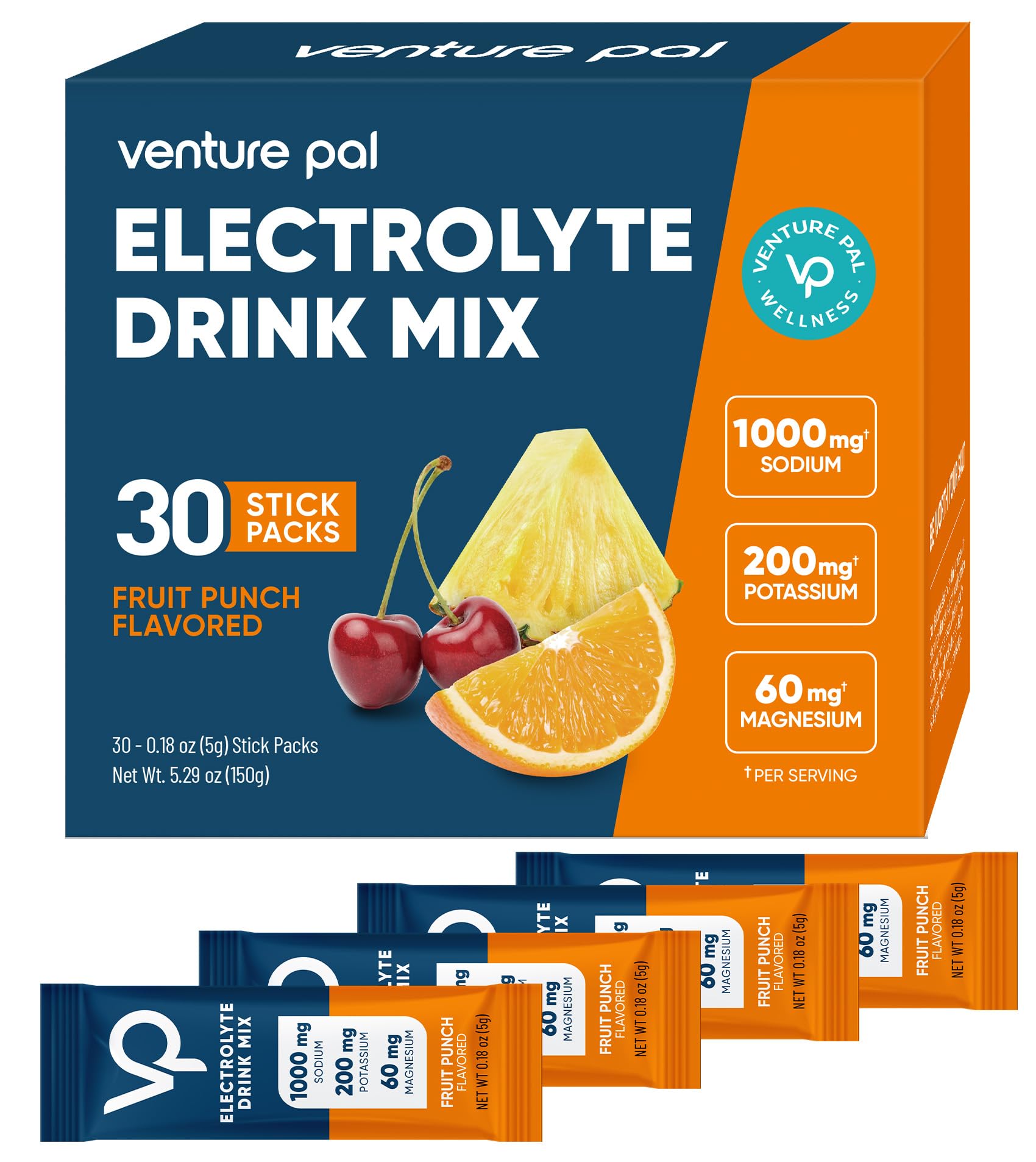 Venture Pal High Sodium Sugar-Free Electrolytes Powder Packets, 30 Sticks 0.18 Ounce (Pack of 30) V10-Fruit Punch Salt