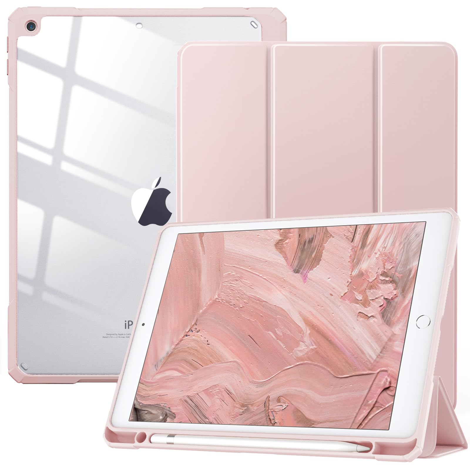 TiMOVO Case for iPad 9th Generation 2021/iPad 8th Generation 2020/iPad 7th Generation 2019 10.2 inch with Pencil Holder, Slim Protective Cover with Clear Back Shell, Auto Wake/Sleep, Rose Gold