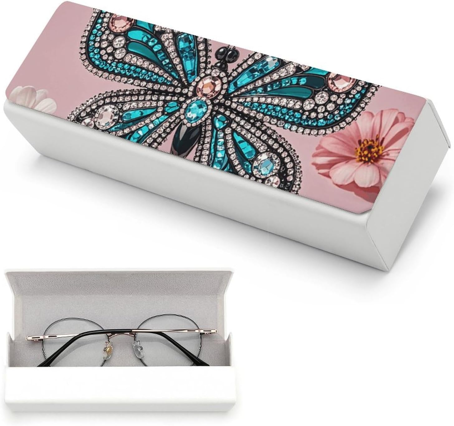 Rhinestone Butterfly Eyeglass Case for Men Women Case Leather Light Nearsighted Spectacle Case Box Portable Sunglass Case Hard Shell Protective Case