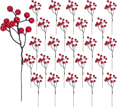 24pack Artificial Berry Stems, Burgundy Red Berry Picks Holly Berries Branches Stems for Christmas Tree Decorations Insert Holiday Wedding Crafts Winter Decor Home Decor
