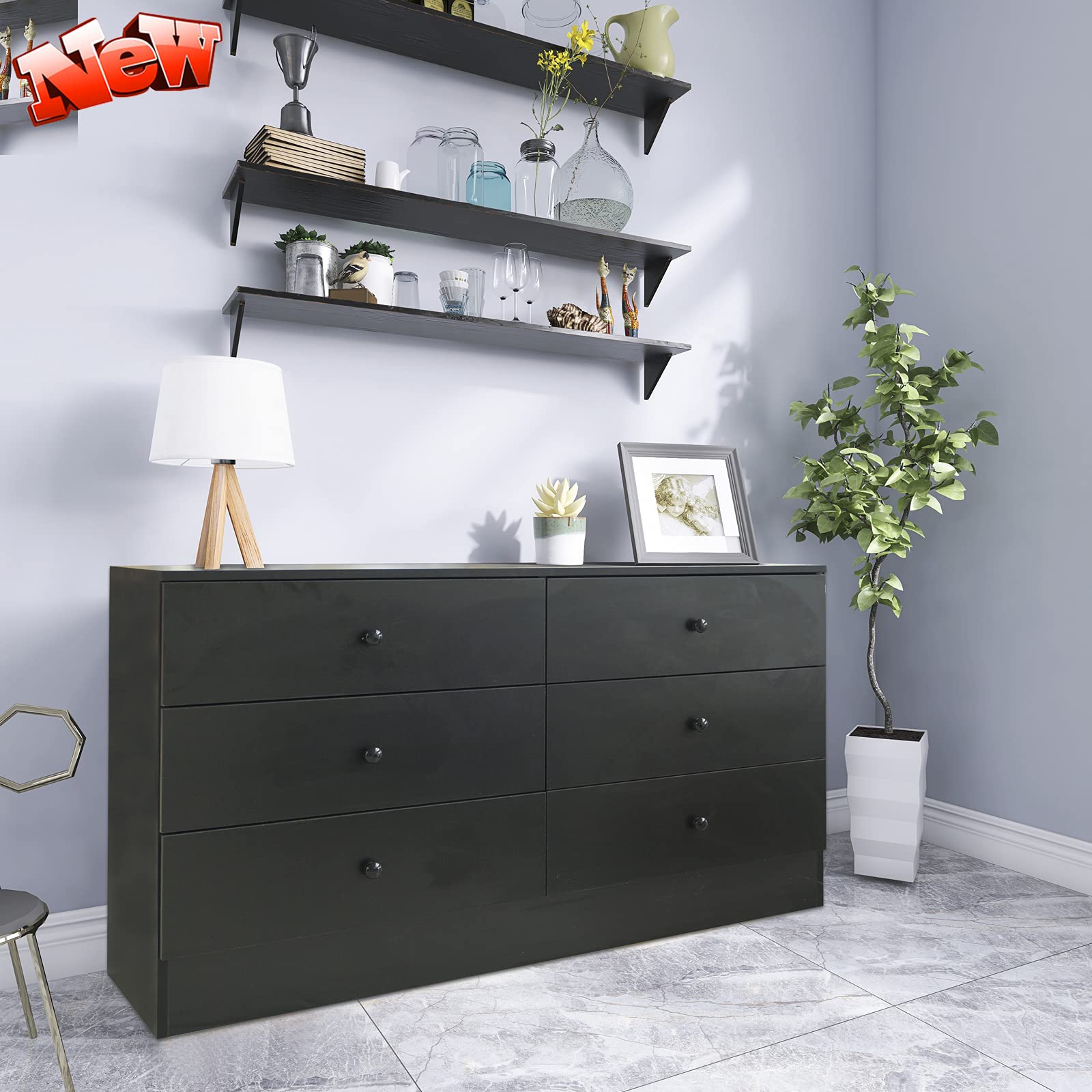 BOSIXTYDANGRUUT Upgraded Version 6-Drawer Dresser for Bedroom, Modern Wood Chest of Drawers Sturdy Storage Chest Cabinet with 6 Drawers for Living Rooms, and Hallways (Black)