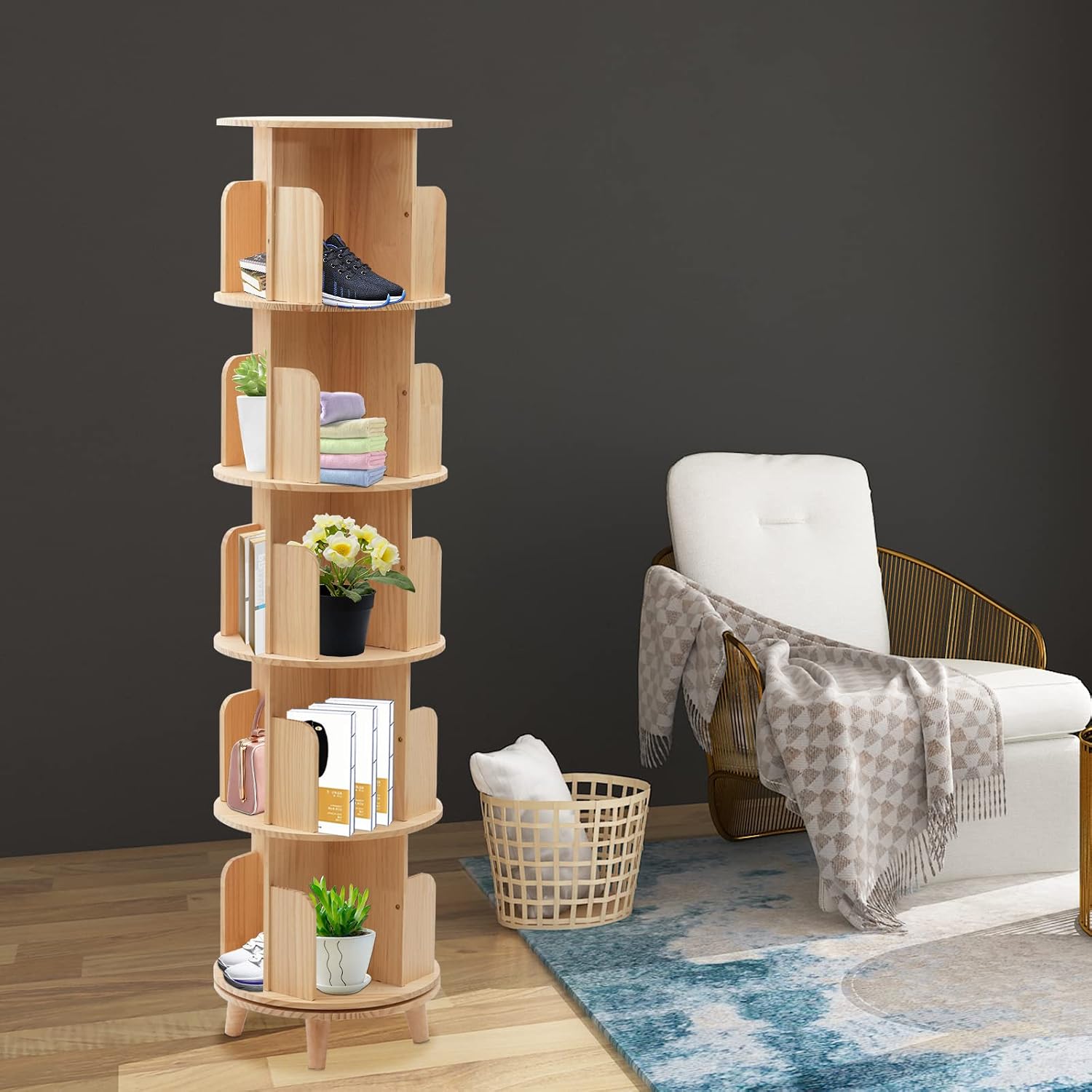 Rotating Bookshelf Bookcase Storage 5-Tier Stackable Solid Wood Shelf Freestanding Display Rack for Corridors, Balconies, Living Rooms, Study Rooms, Bedrooms, Nurseries, Children's Rooms