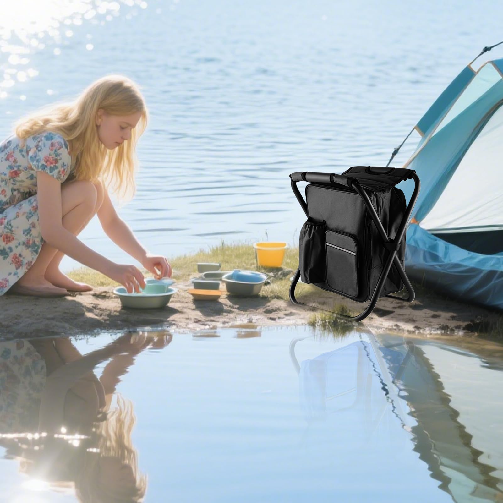 Sgabello Pieghevole Portatile Seduta Da Esterno Con Borsa Termica Isolante | Sedia da Pesca con Zaino Incluso per Viaggi, Escursionismo, Pesca, Spiaggia, Giardino e Balcone
