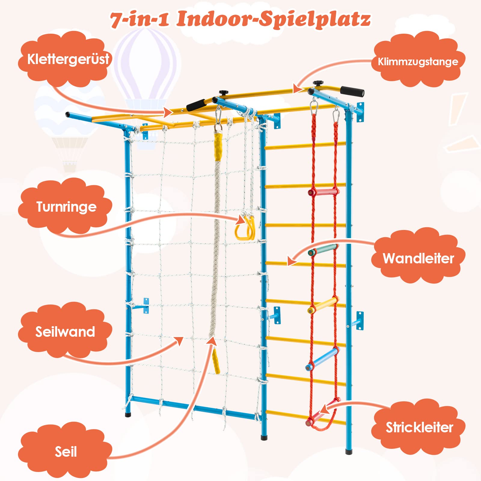 COSTWAY 7 in 1 Sprossenwand Kinderzimmer, Kletterwand aus Metall mit Klimmzugstange, Leiter, Seil & Netzwand, Klettergerüst Indoor, Turnwand für Kinder und Erwachsene, 200 kg Belastbar