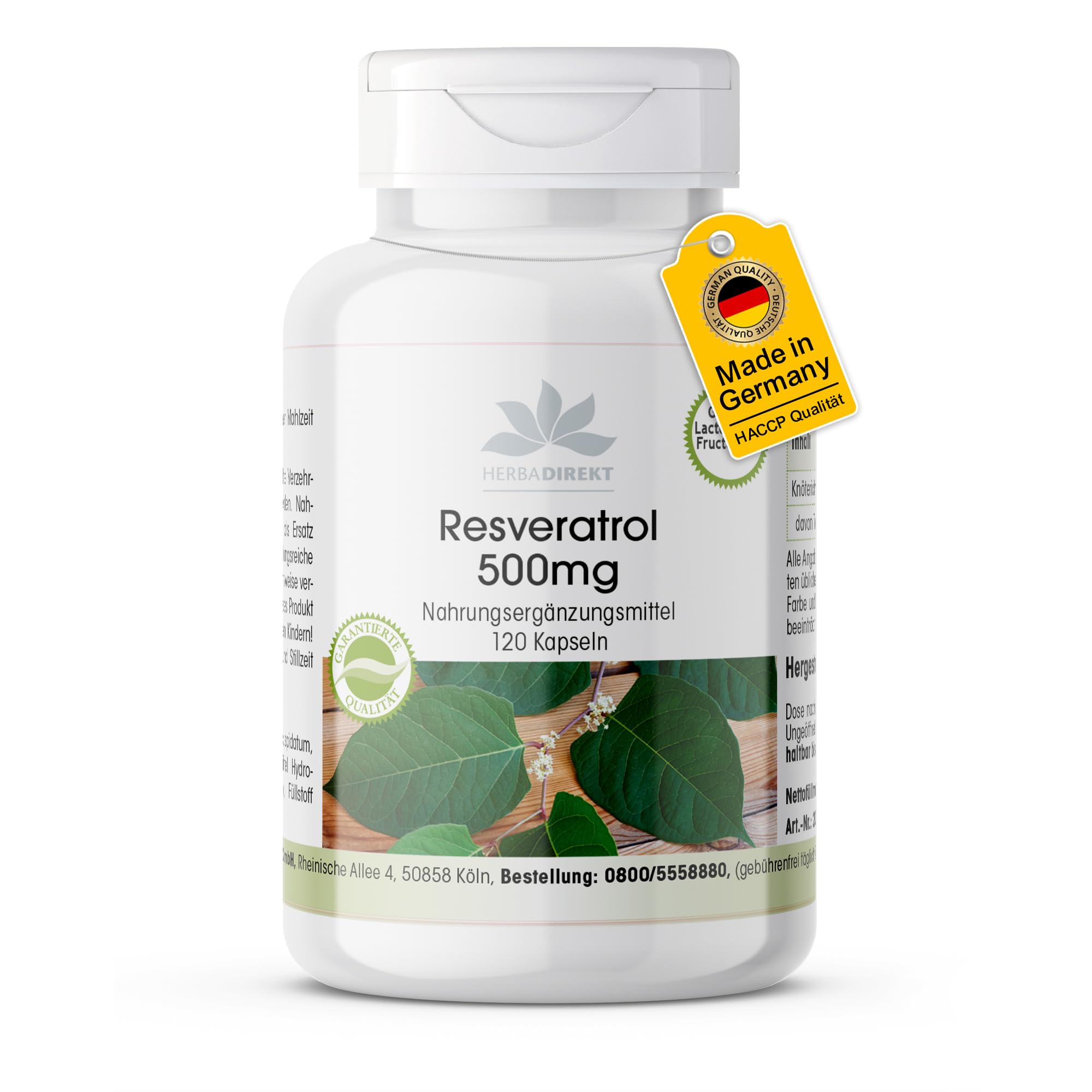 Resveratrol 500mg - Hochdosiert - Knöterich-Extrakt - 120 Kapseln | HERBADIREKT by Warnke Vitalstoffe - Deutsche Apothekenqualität